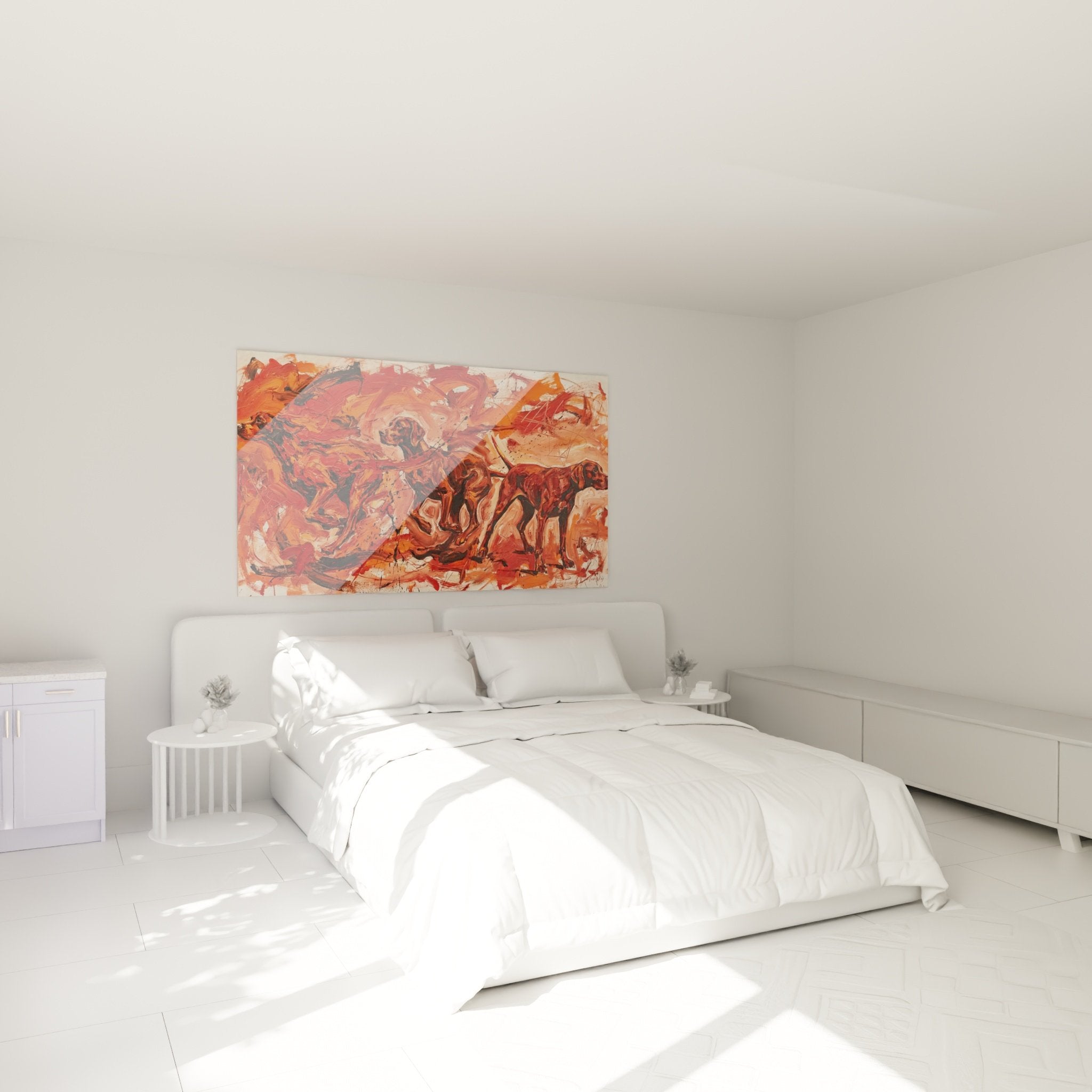 Decorazione camera quadro cani Pointer Inglese tavolozza rosso arancio arte contemporanea murale