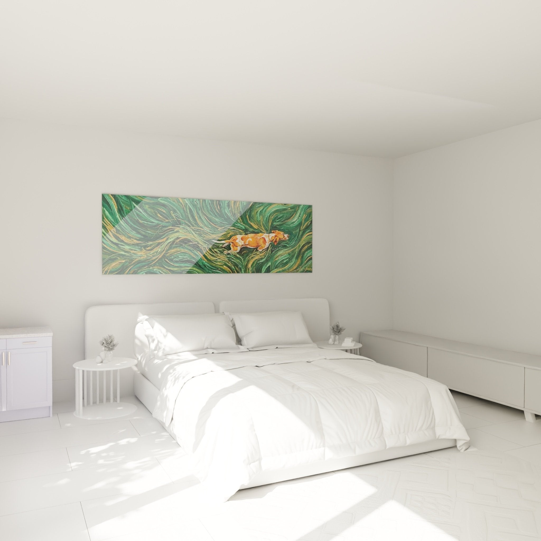 Decoration murale chambre pointer anglais orange tourbillons verts ambiance nature mouvement