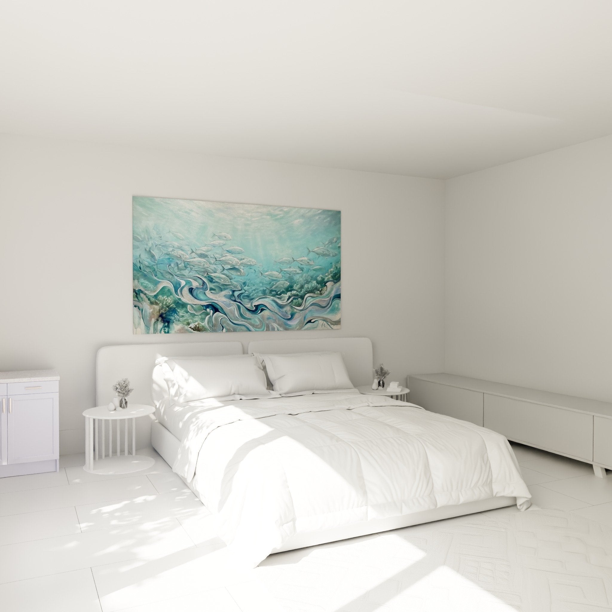 Décoration chambre tableau poissons rivière remous cristallins ambiance aquatique apaisante