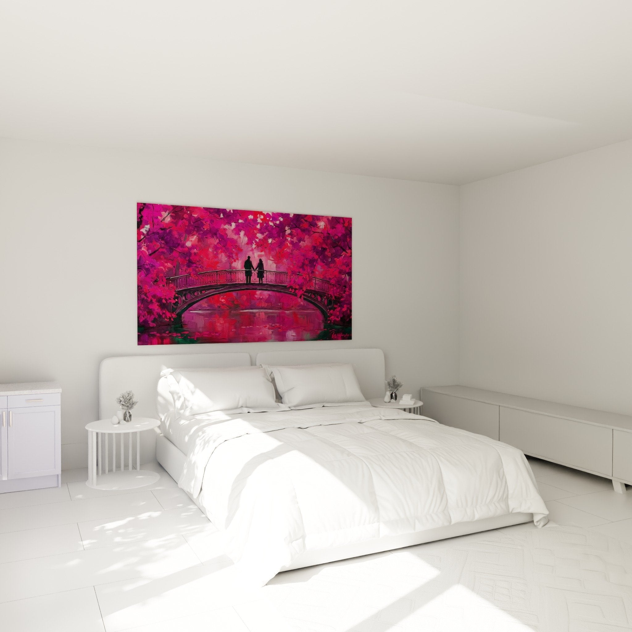 decoration murale pont fuchsia chambre ambiance romantique silhouettes reflets roses manhattan