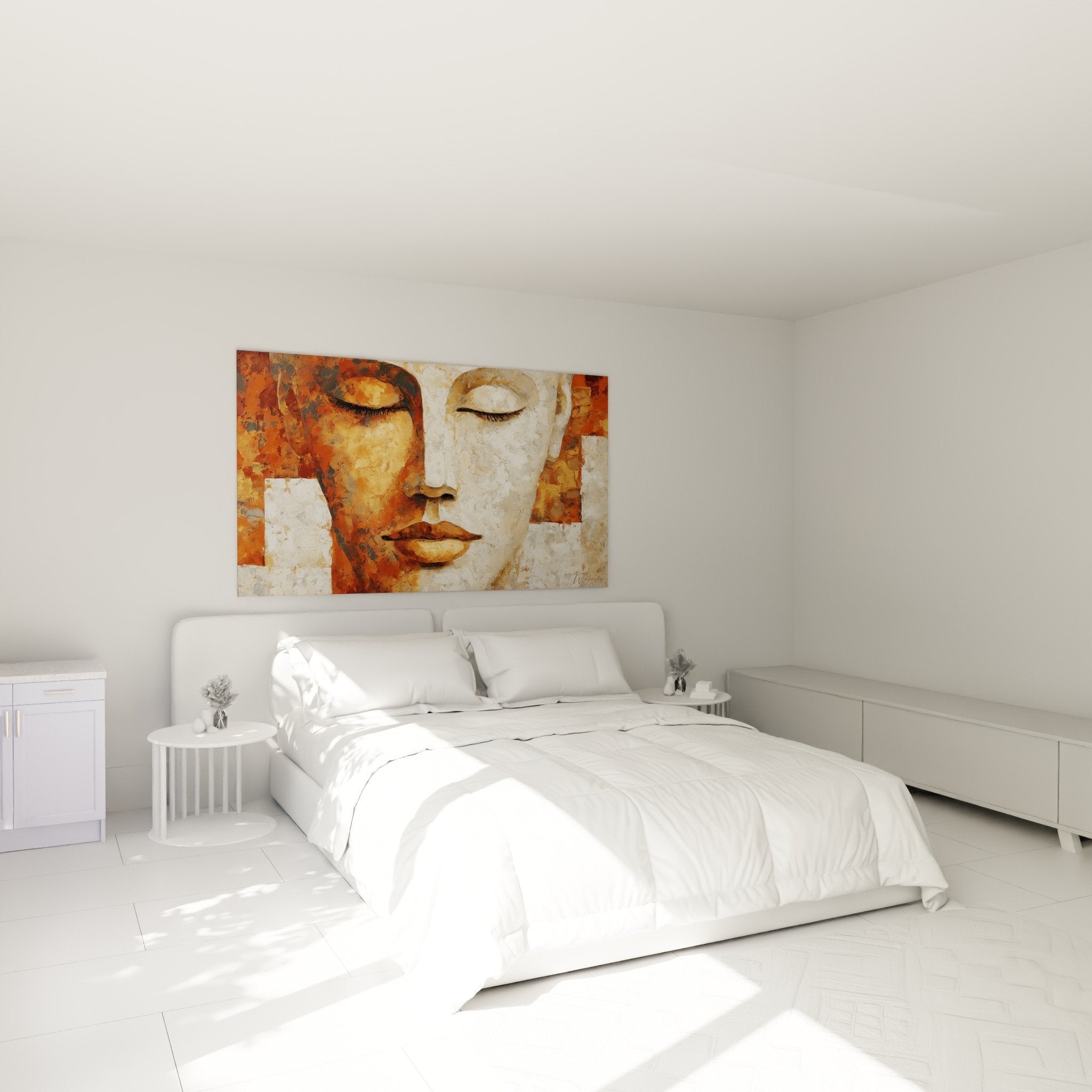 Bedroom wall art abstract feminine face painting earthy colors zen calming feng shui atmosphere