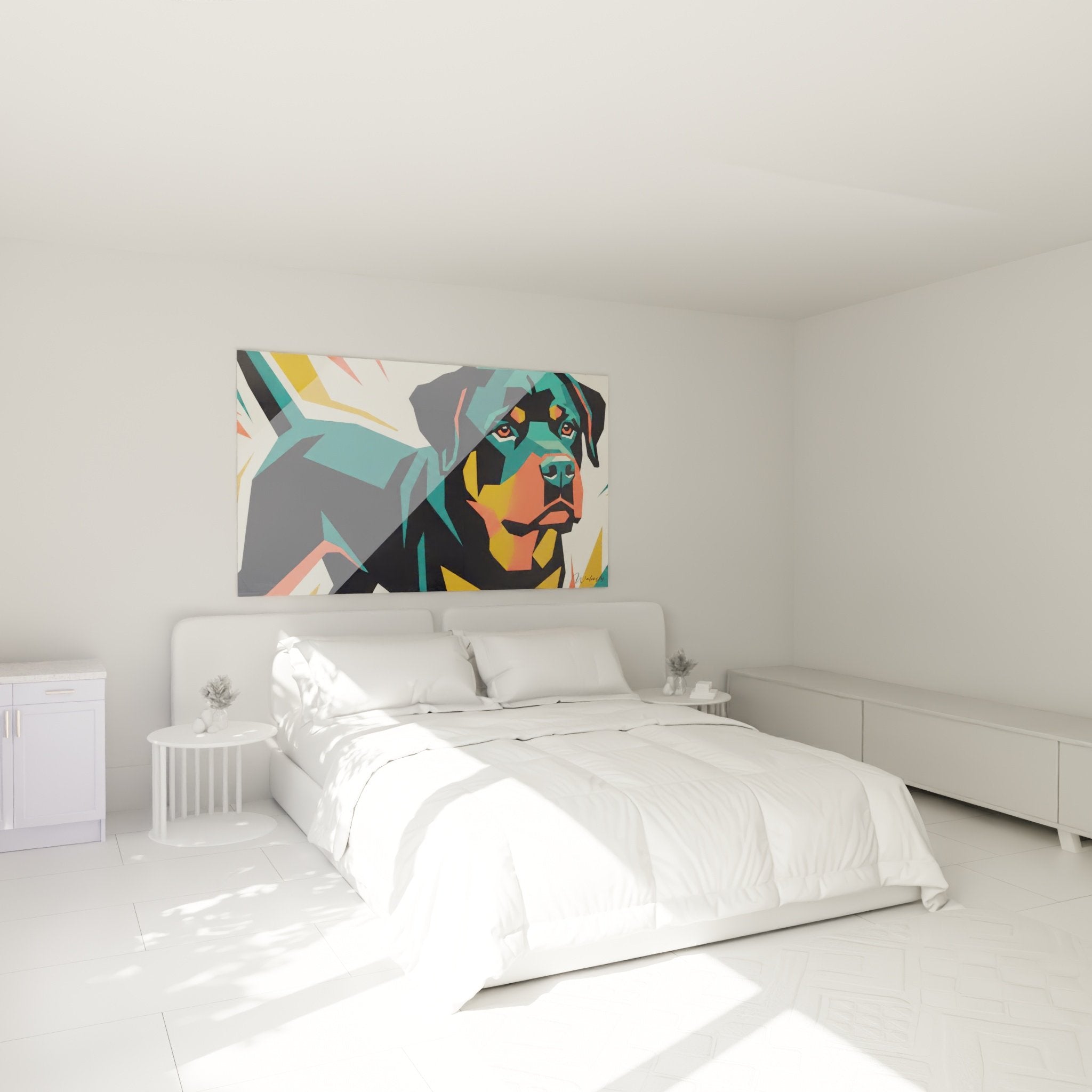 Tableau Rottweiler géométrique turquoise orange décorant une chambre moderne aux murs blancs