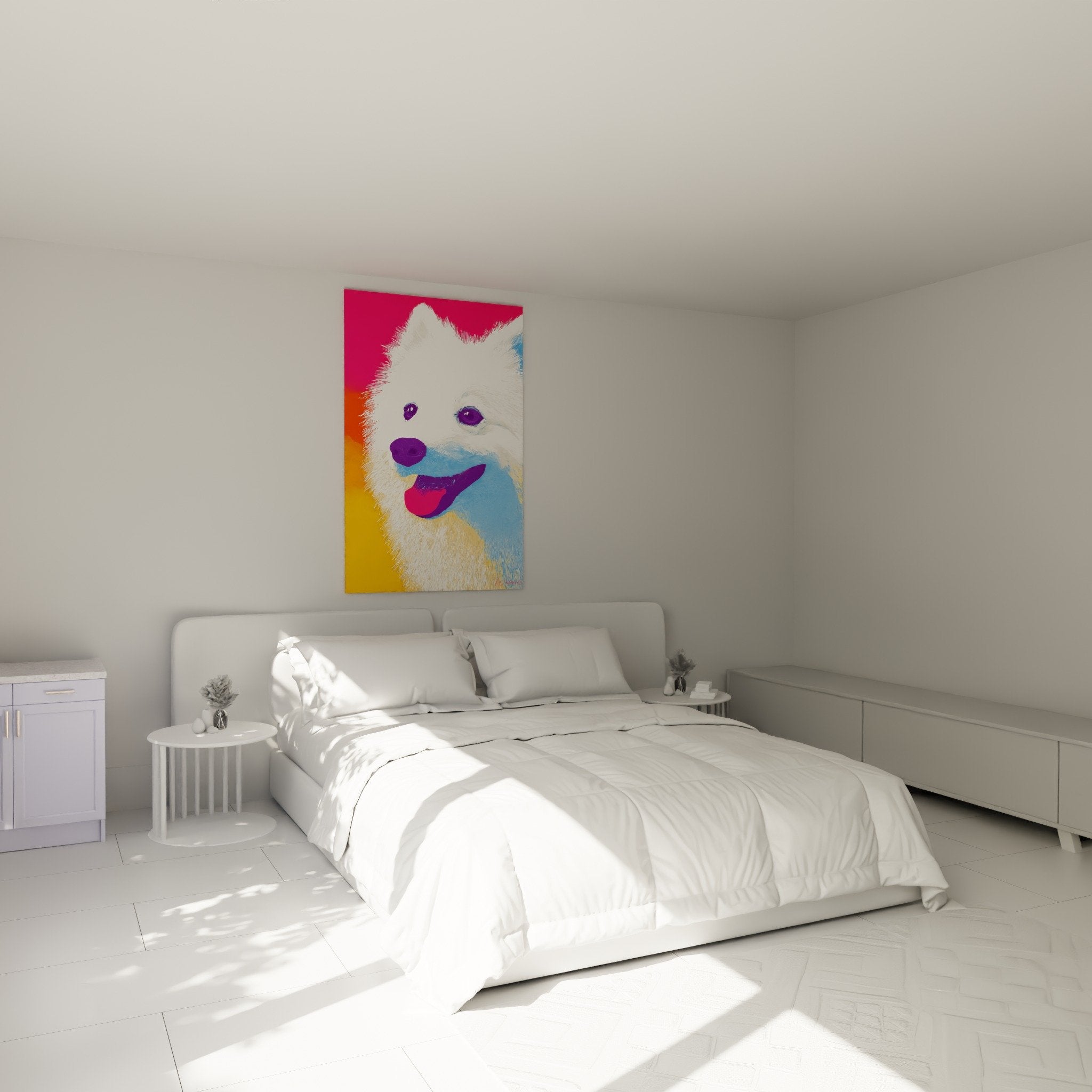 Décoration murale chambre avec portrait artistique Spitz Japonais couleurs vives