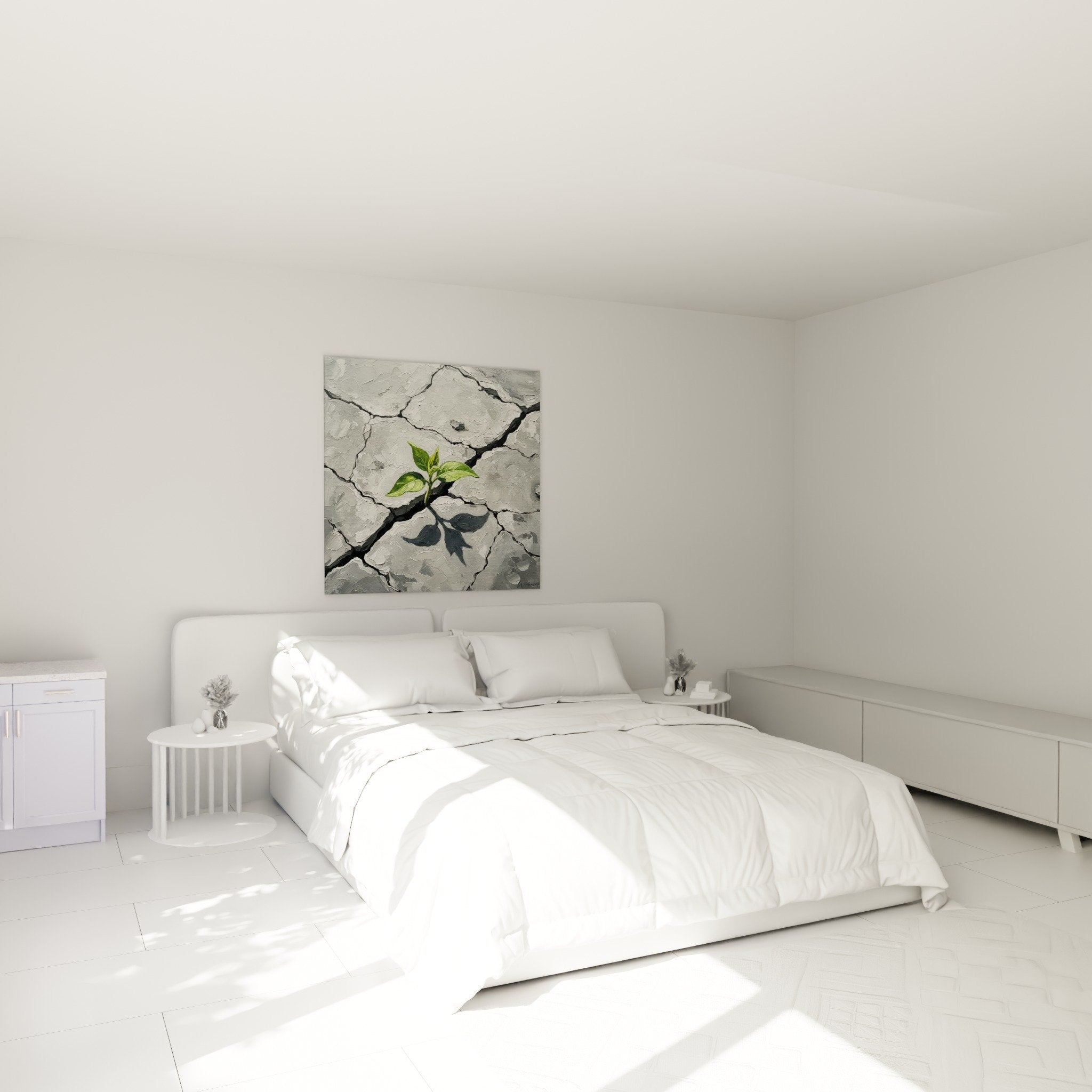 Décoration chambre tableau pousse verte pierre craquelée ambiance zen minimaliste mur blanc mobilier bois naturel