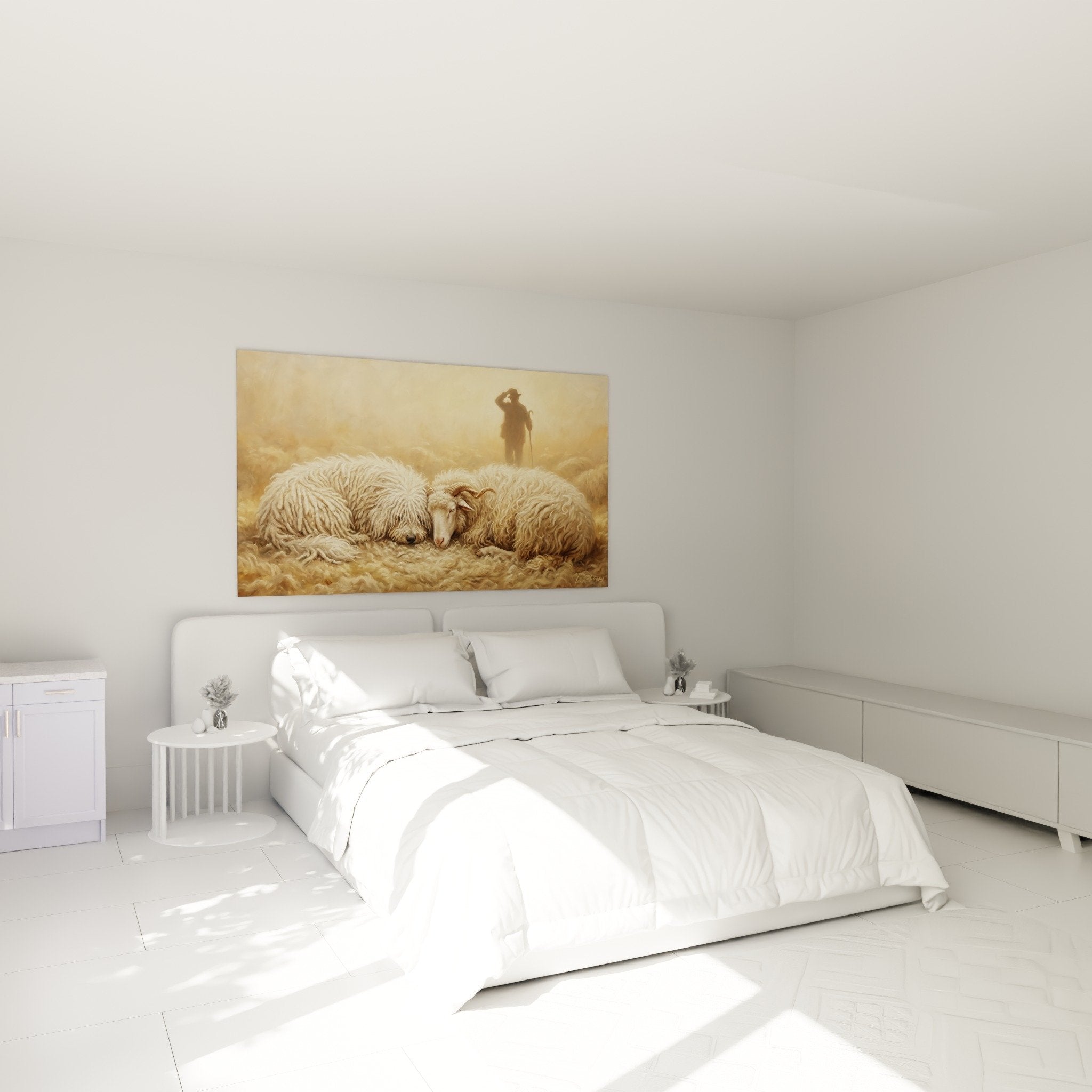 Décoration chambre tableau puli berger repos tons beiges dorés ambiance cosy pastorale chien laineux