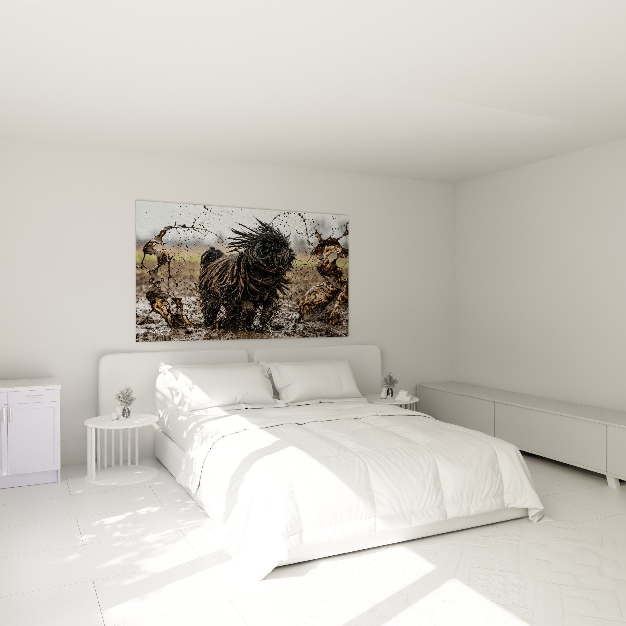 Wanddekoration Puli Schlafzimmer Hund Dreadlocks Schlamm warme Atmosphäre braune Töne