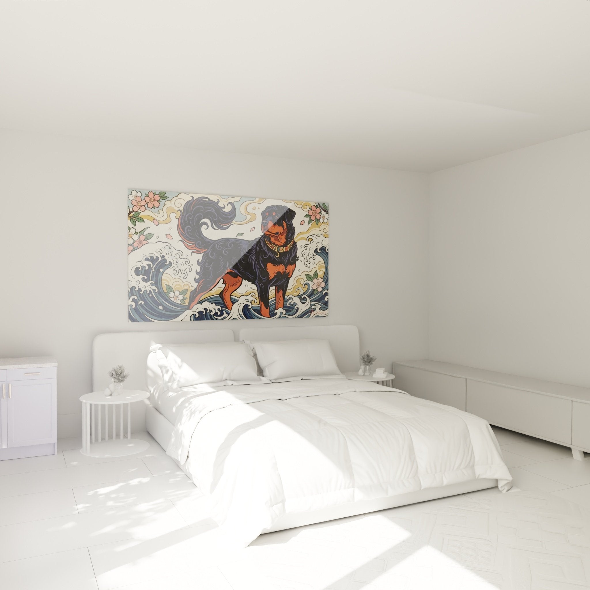 Décoration murale chambre avec Rottweiler sur vagues océaniques art contemporain