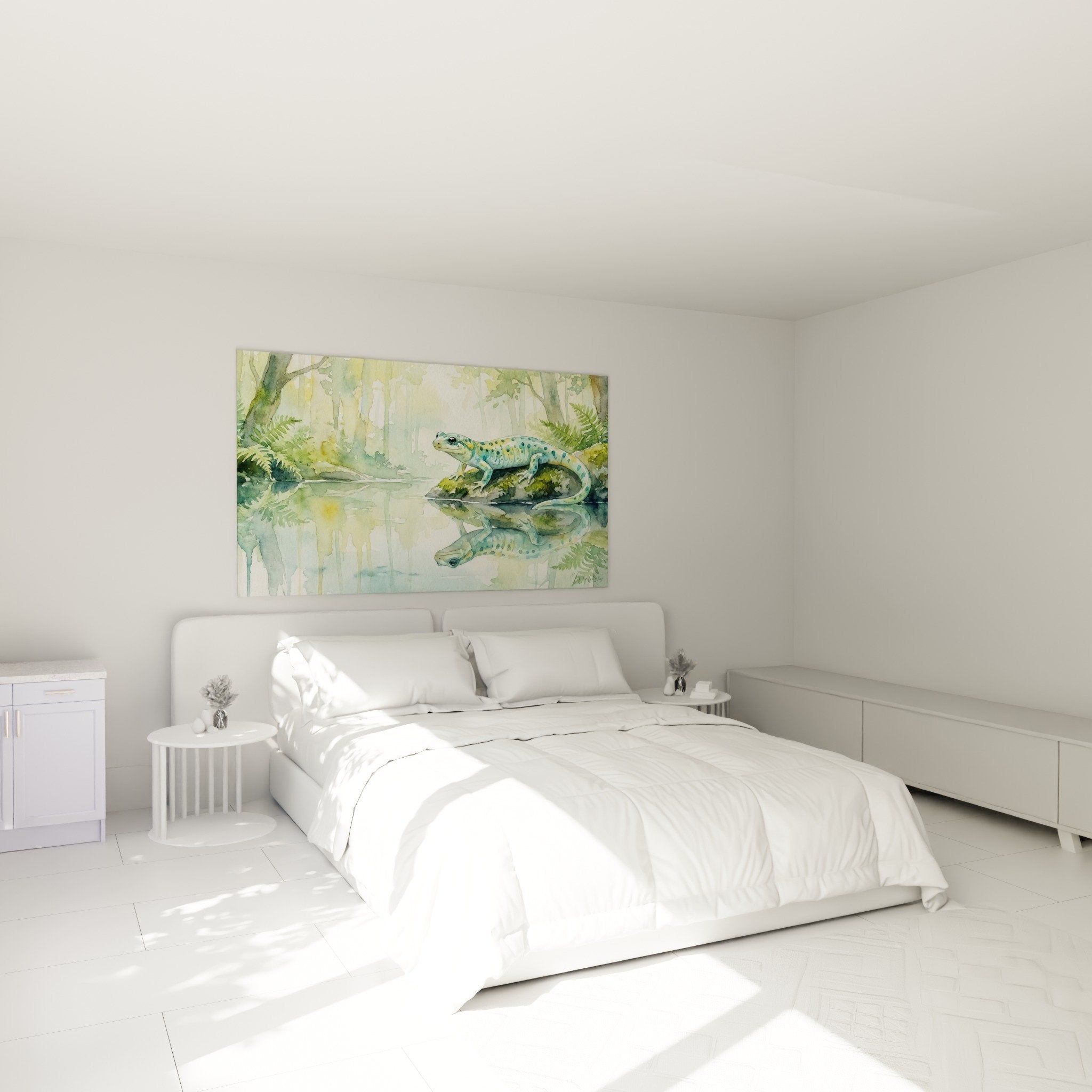 Decoration murale salamandre aquarelle tons apaisants bleu vert chambre ambiance naturelle sereine