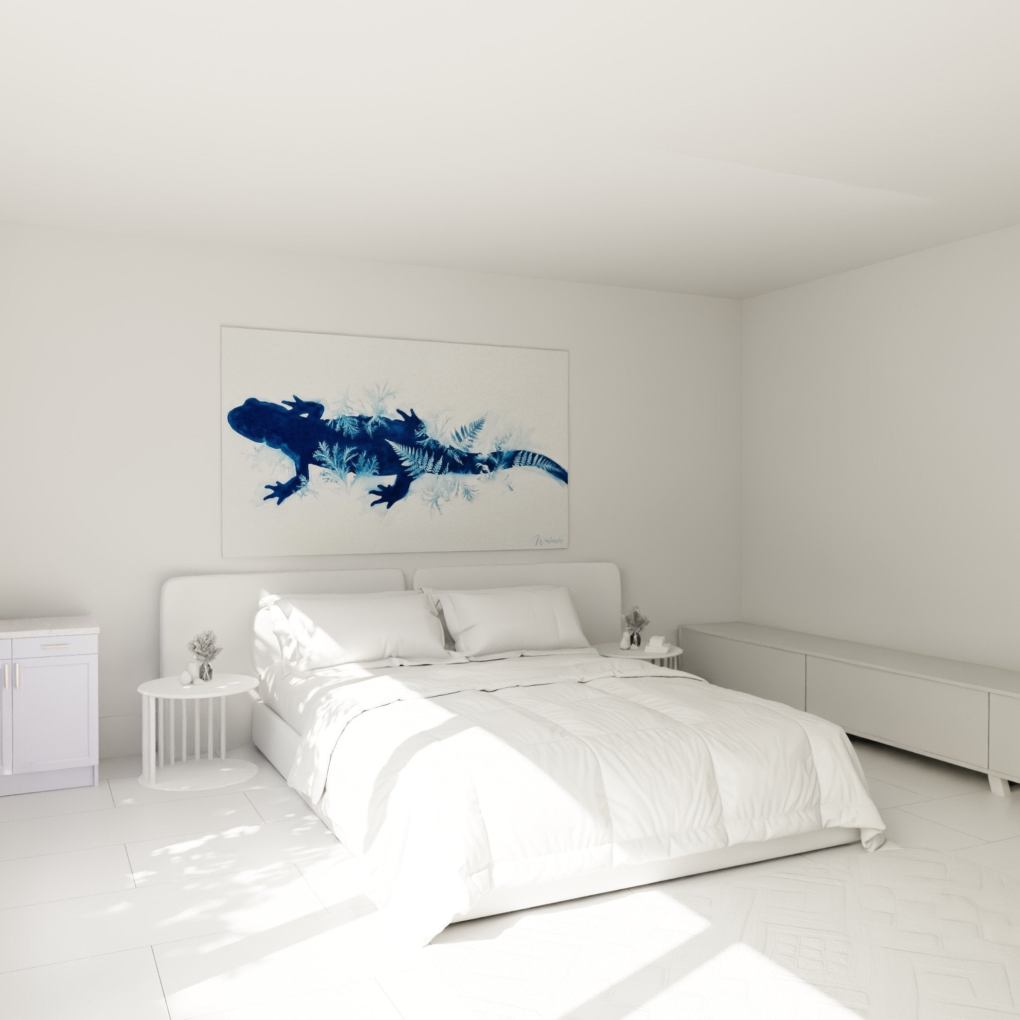 Schlafzimmer Dekoration Salamander Gemälde blaue Farne zen Atmosphäre natürlich weiße Wand modernes Mobiliar