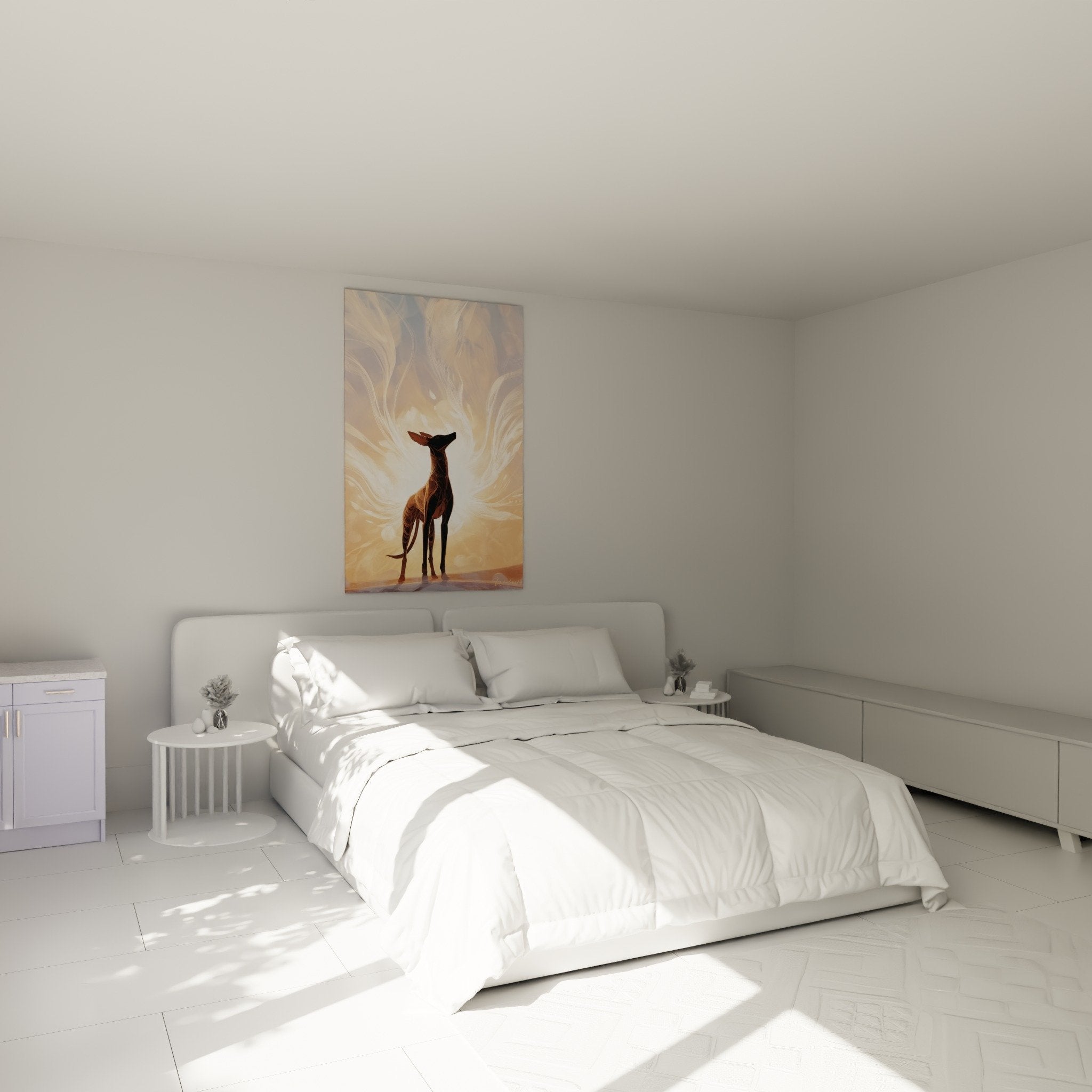 Decoration murale saluki dans chambre moderne avec tourbillons lumineux dores creant une ambiance apaisante