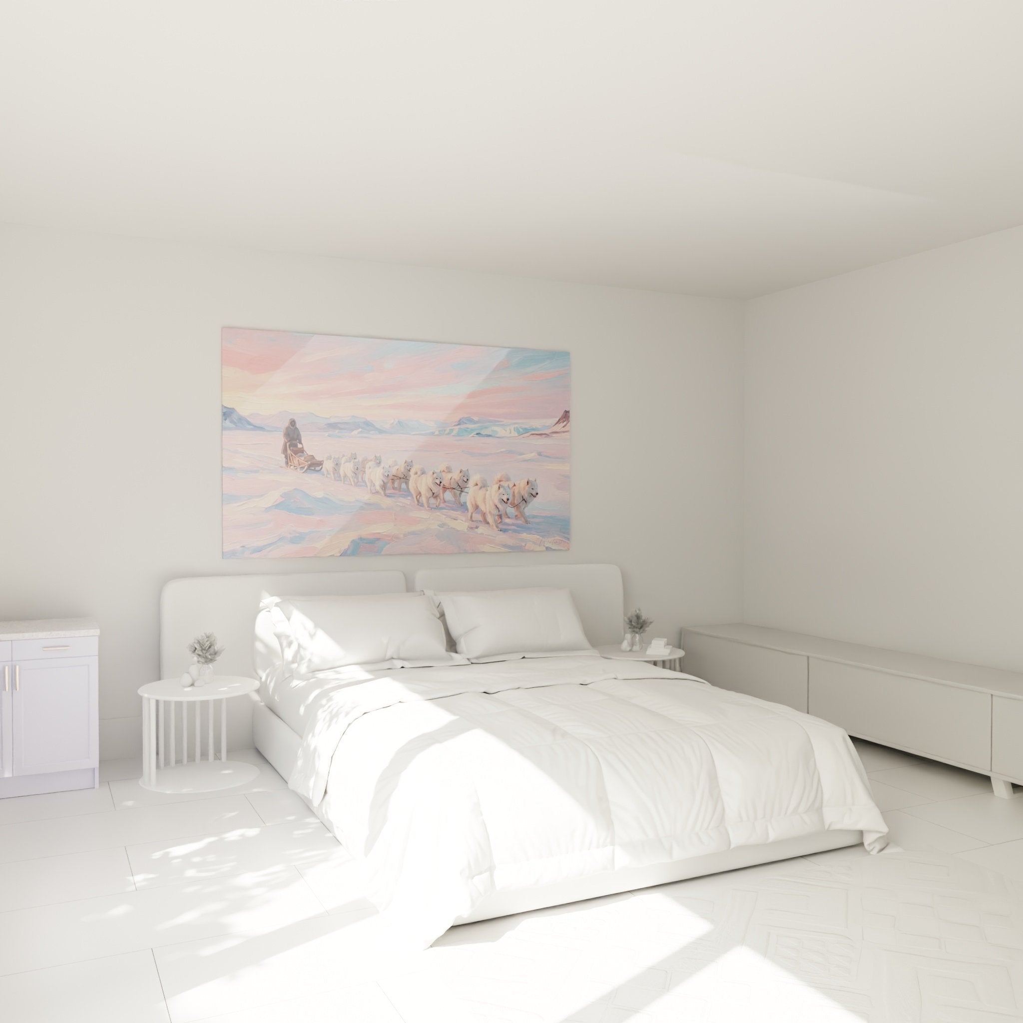 Decoration chambre tableau samoyede attelage chien blanc paysage polaire rose ambiance nordique