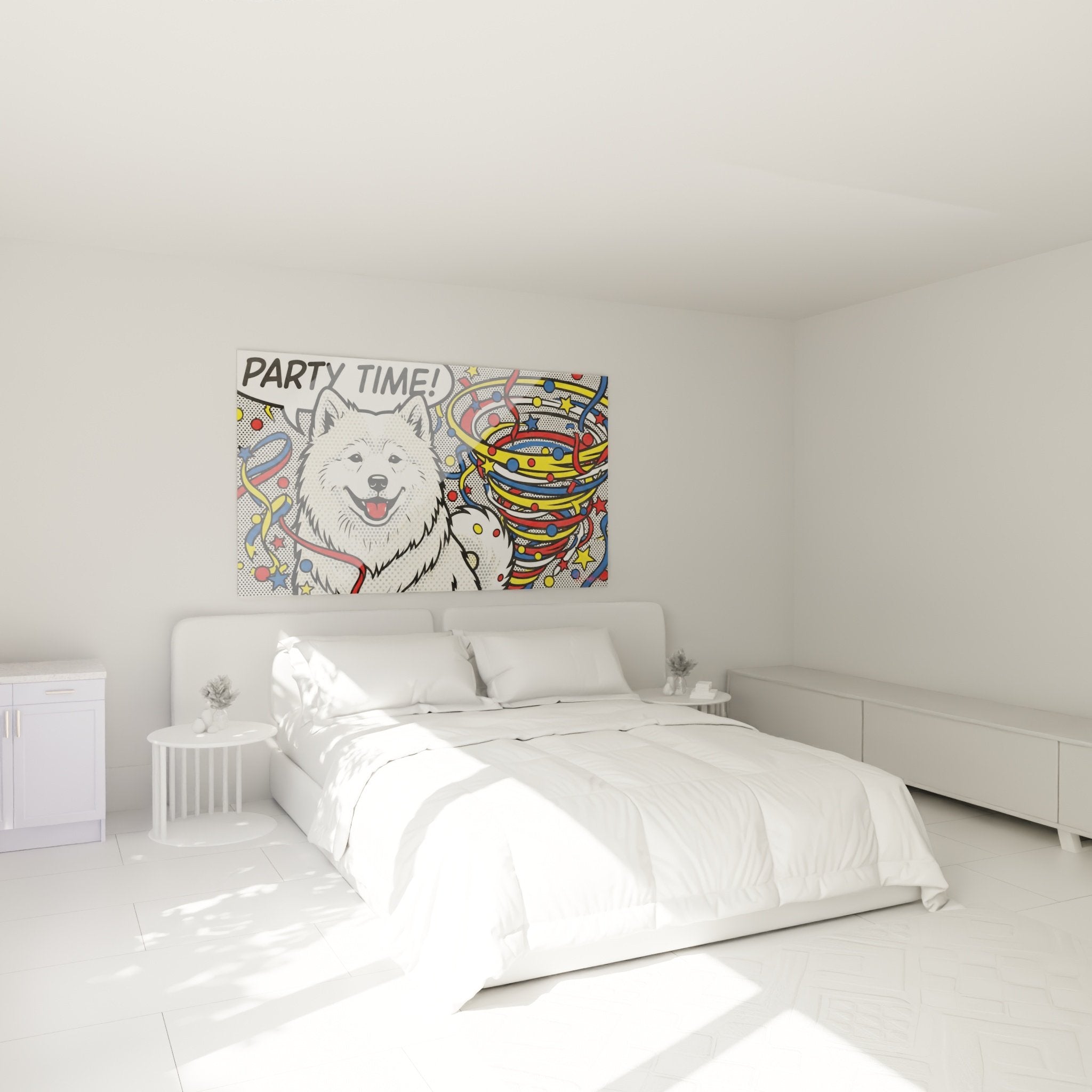 Decorazione murale camera da letto con Samoiedo festivo dai colori vivaci in interni scandinavi moderni