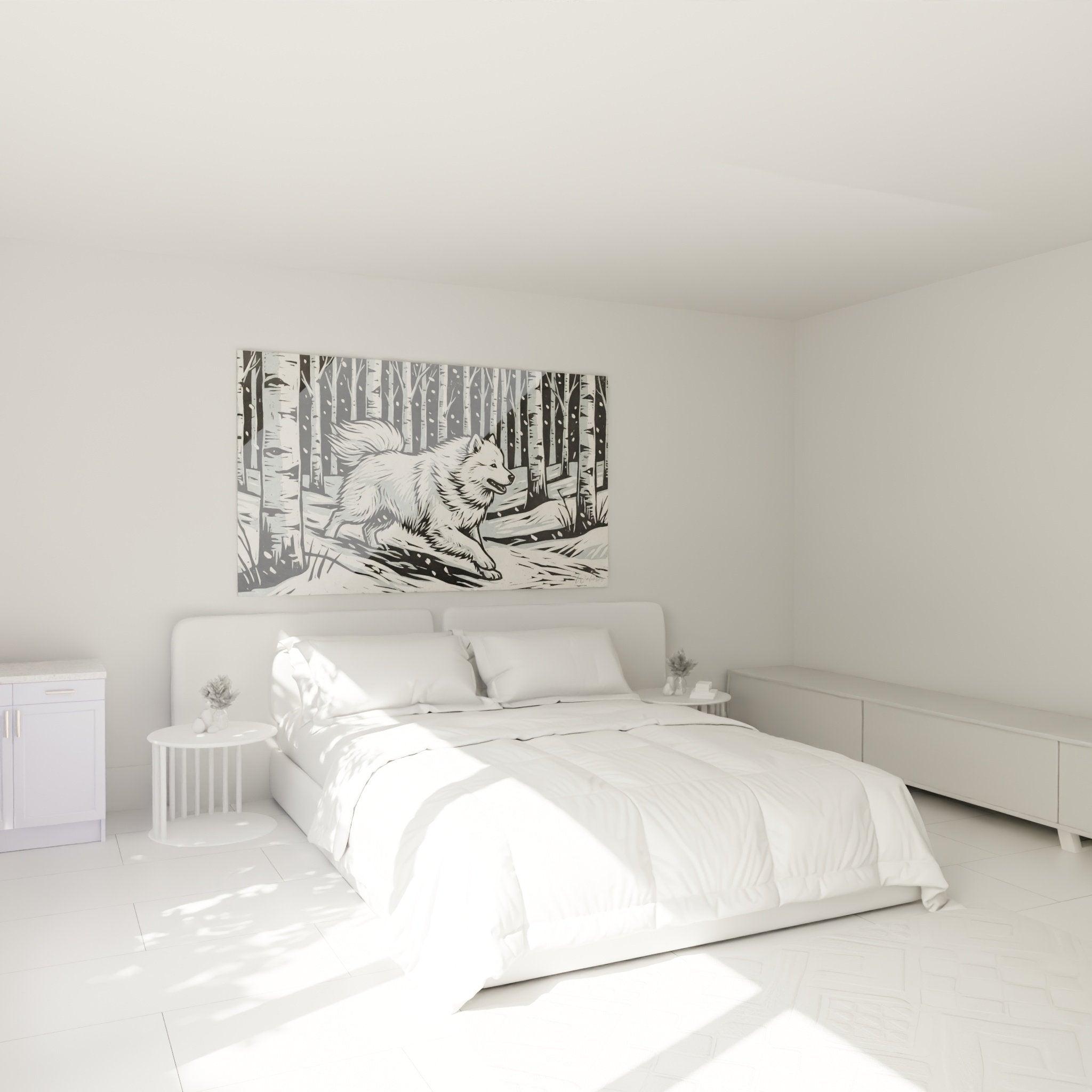 Decoration murale Samoyede noir blanc dans chambre moderne ambiance nordique hivernale
