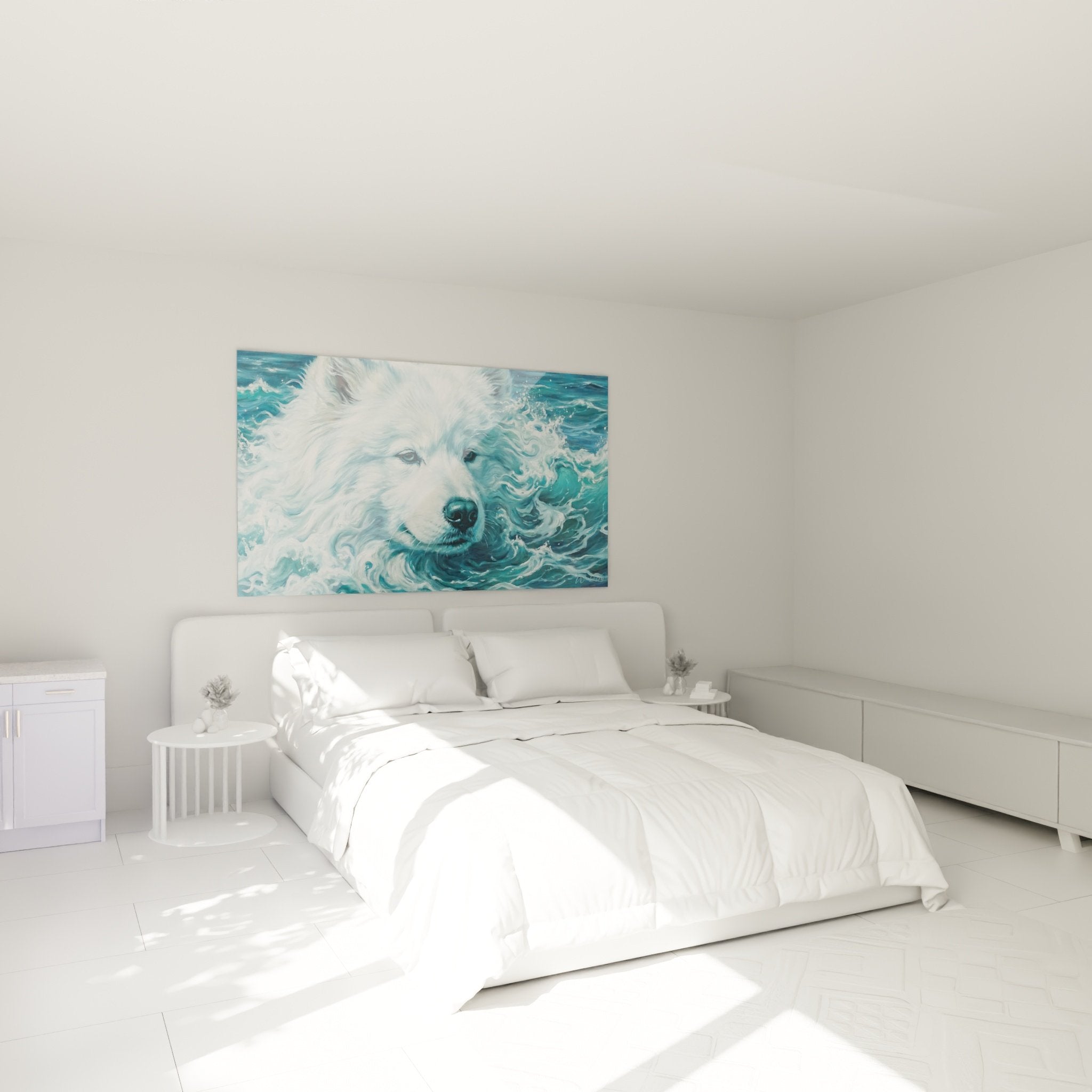 Décoration murale chambre avec portrait Samoyede aquatique aux tons bleus et blancs apaisants