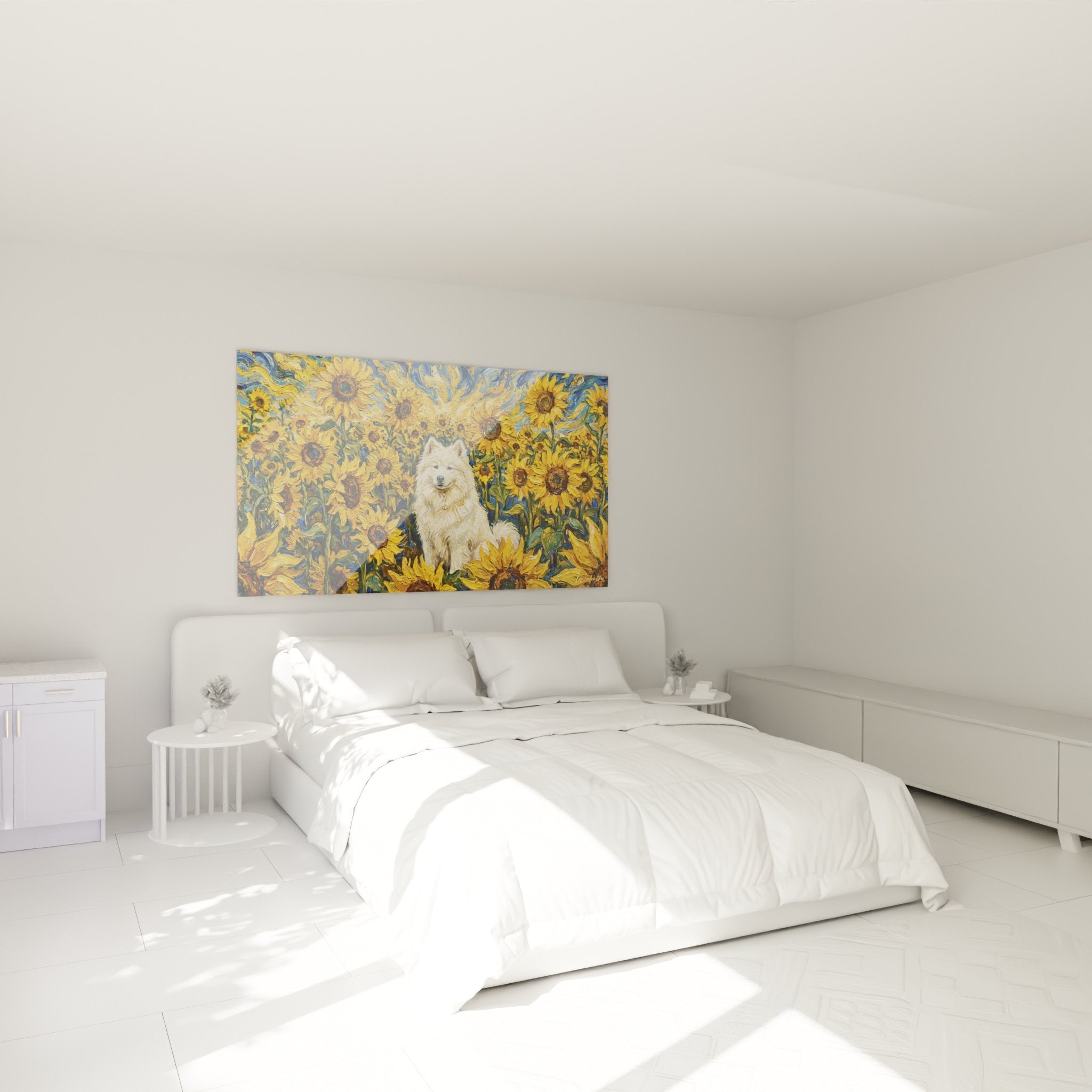 Décoration murale chambre avec Samoyède et tournesols jaunes ambiance estivale chaleureuse