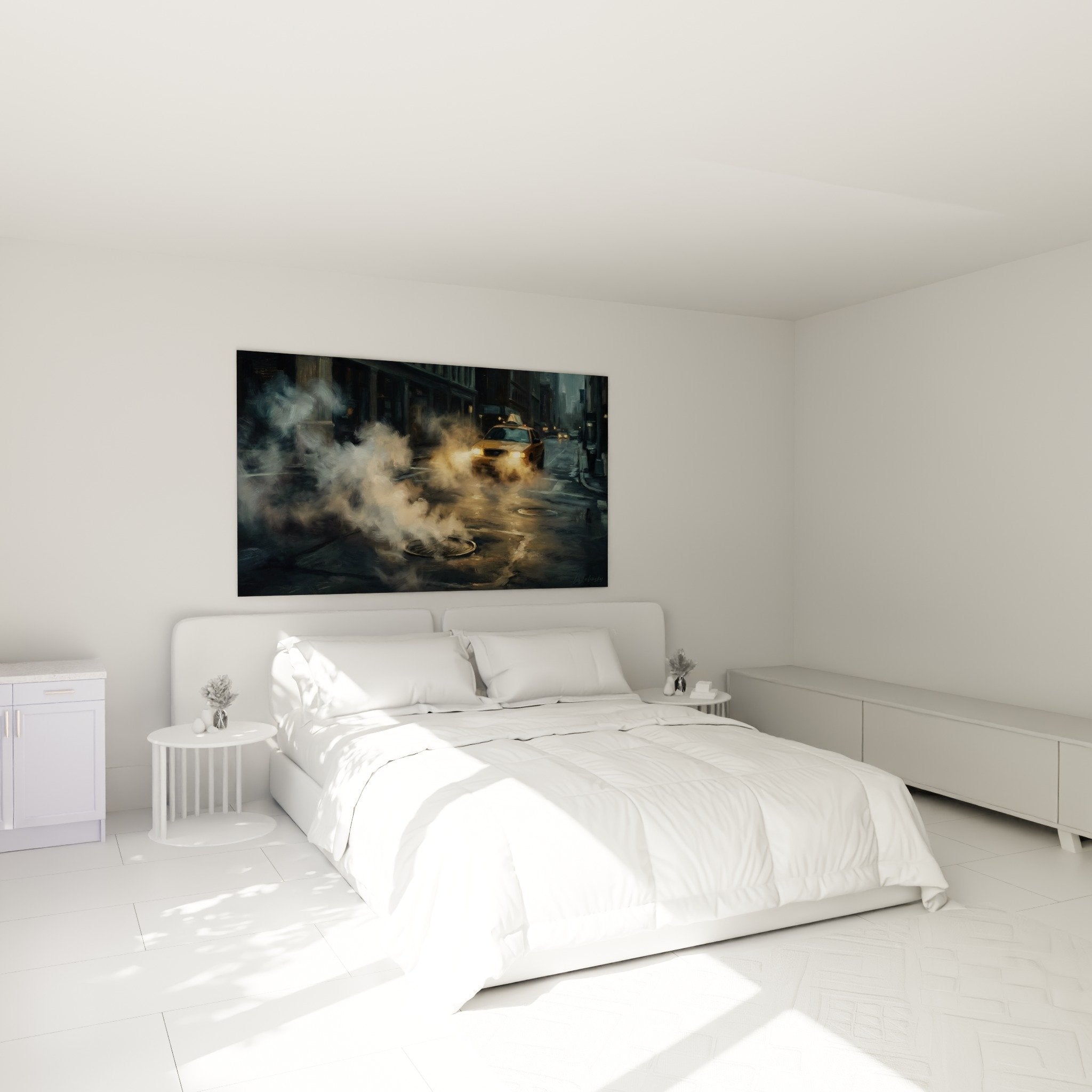 Decoration murale chambre scene rue pluvieuse nocturne taxi jaune vapeur urbaine Manhattan