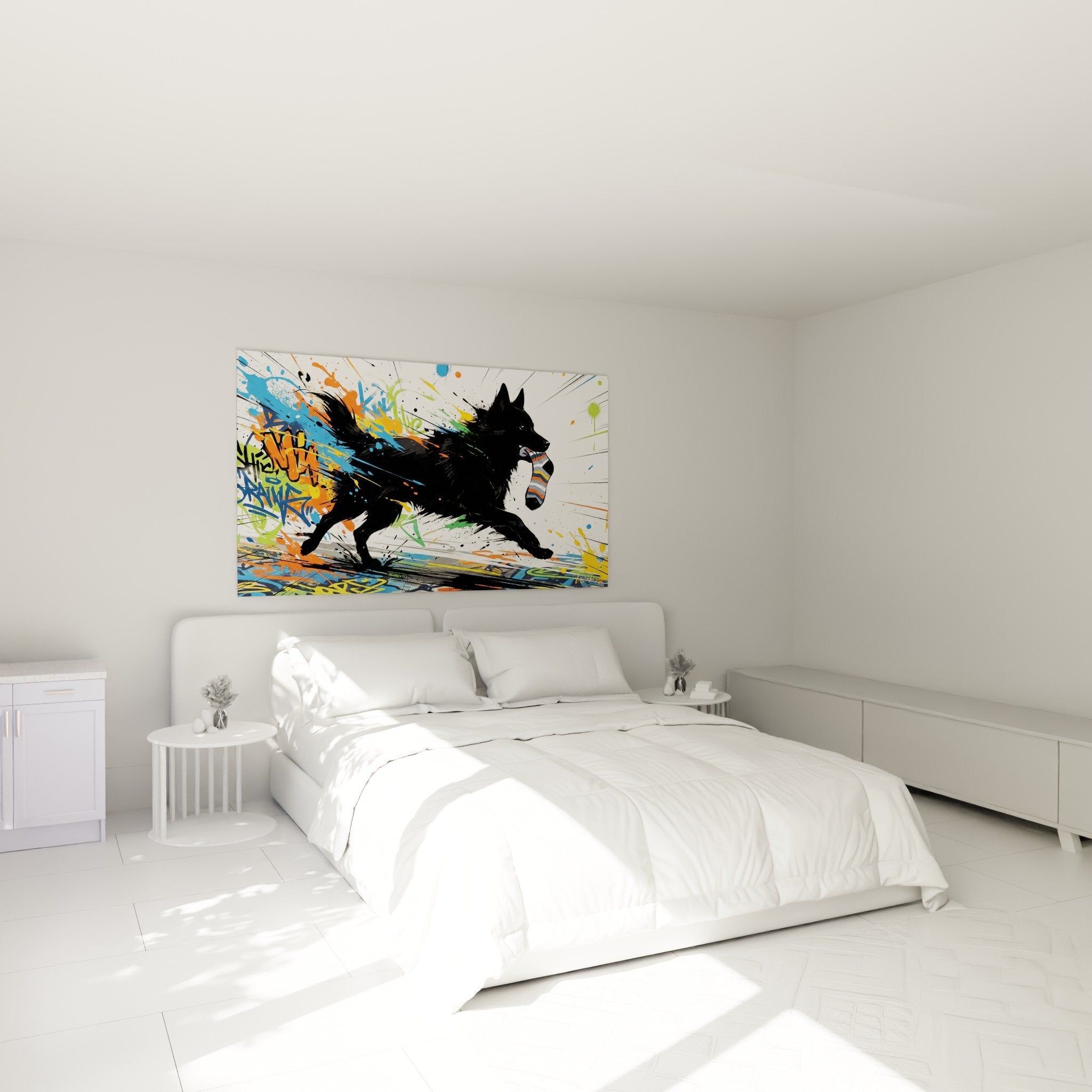 Wanddekoration Schipperke im farbigen Graffiti-Stil in modernem Schlafzimmer mit zeitgenössischer Beleuchtung