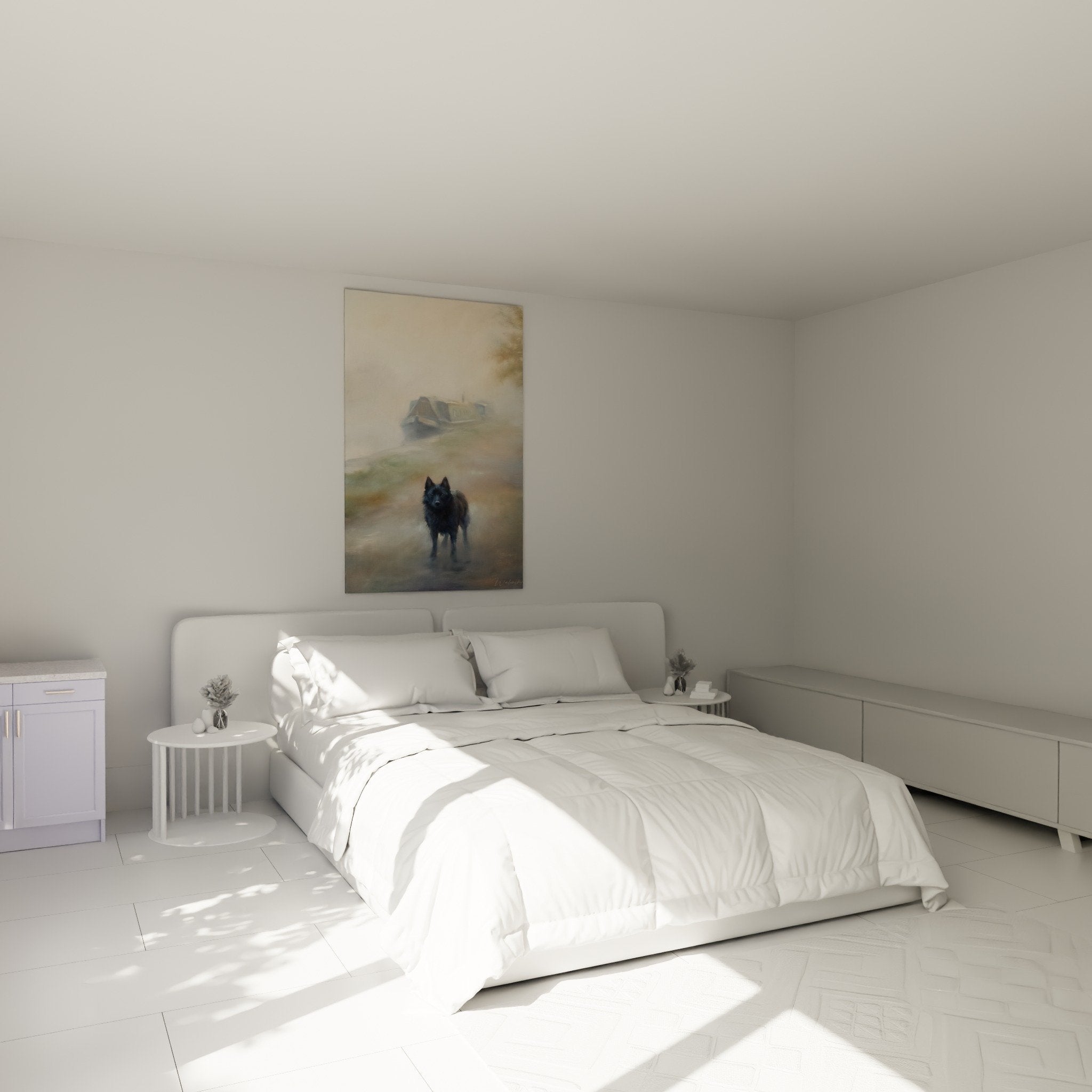 Decorazione murale Schipperke piovoso in camera moderna parete beige atmosfera accogliente e rilassante