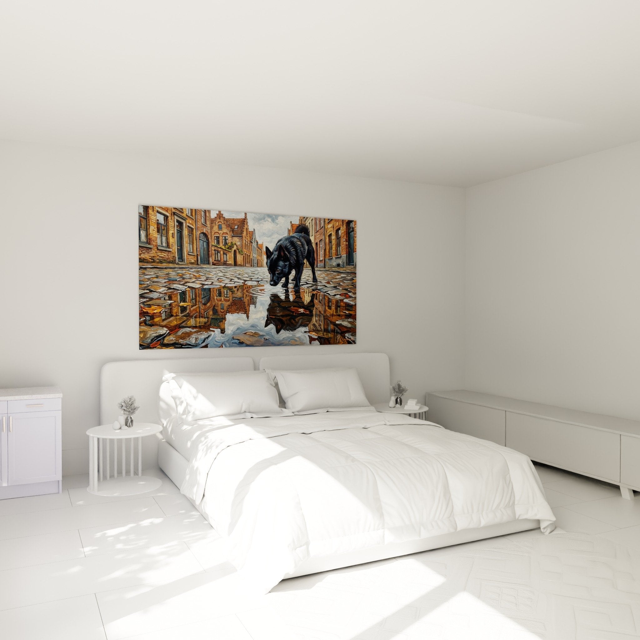 Déco chambre avec tableau Schipperke sur pavés médiévaux - ambiance chaleureuse tons brique et gris