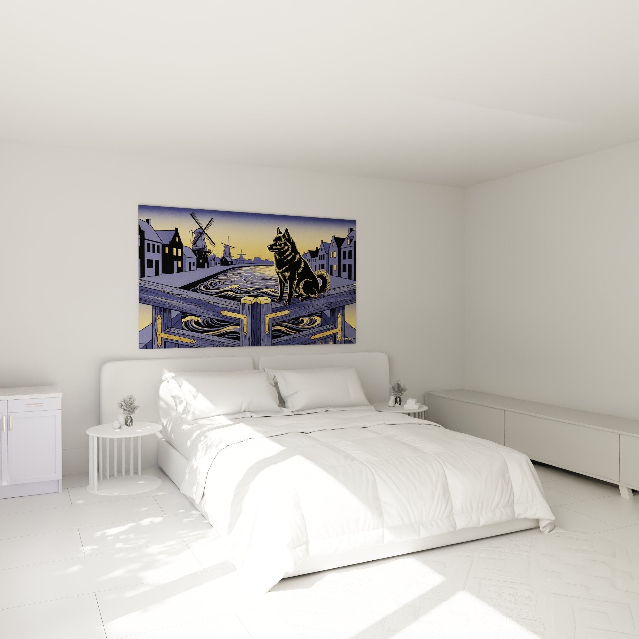 Deco chambre tableau chien Schipperke pont hollandais moulins ambiance crепusculaire violette doree