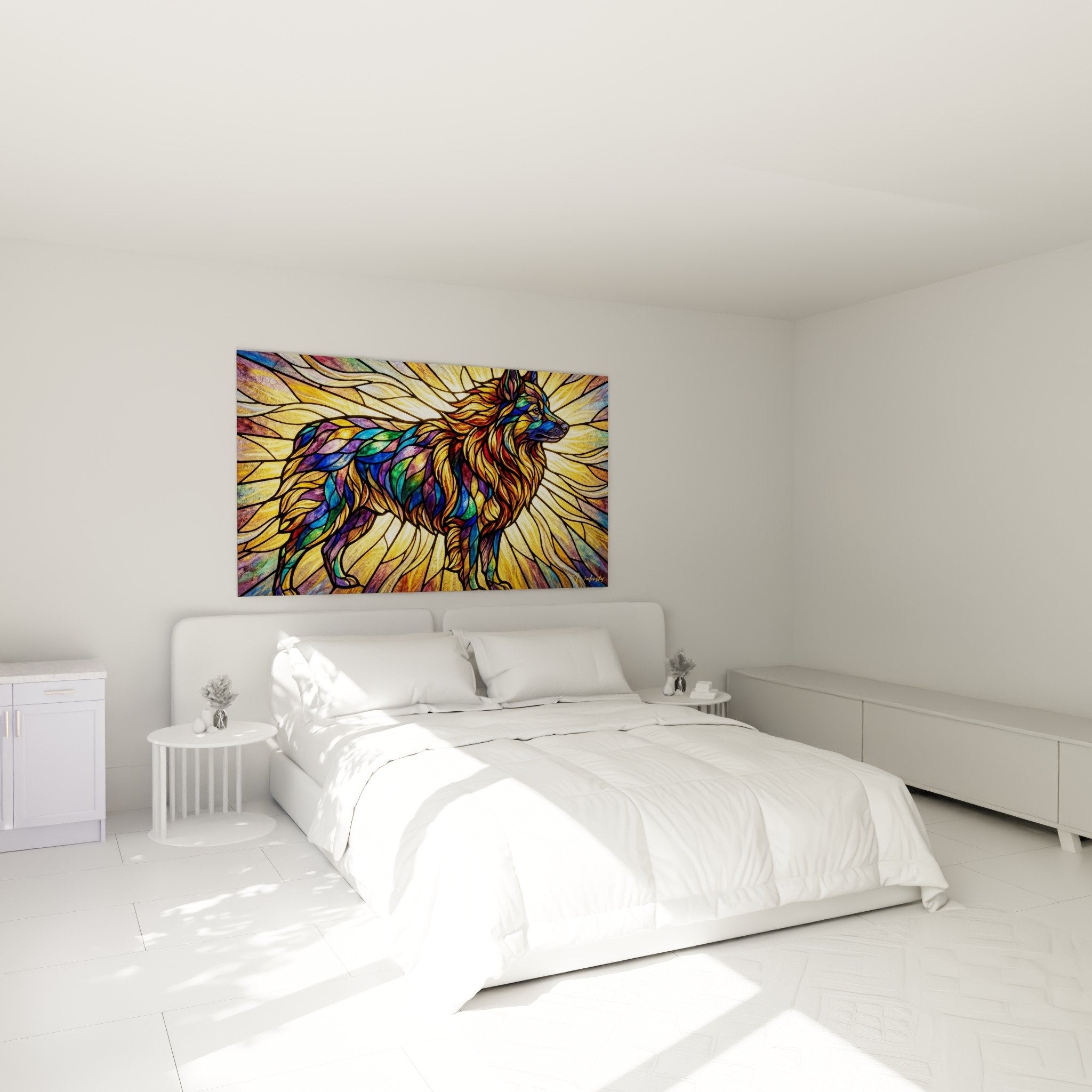 Decoration chambre tableau schipperke vitrail multicolore ambiance apaisante tons violets bleus