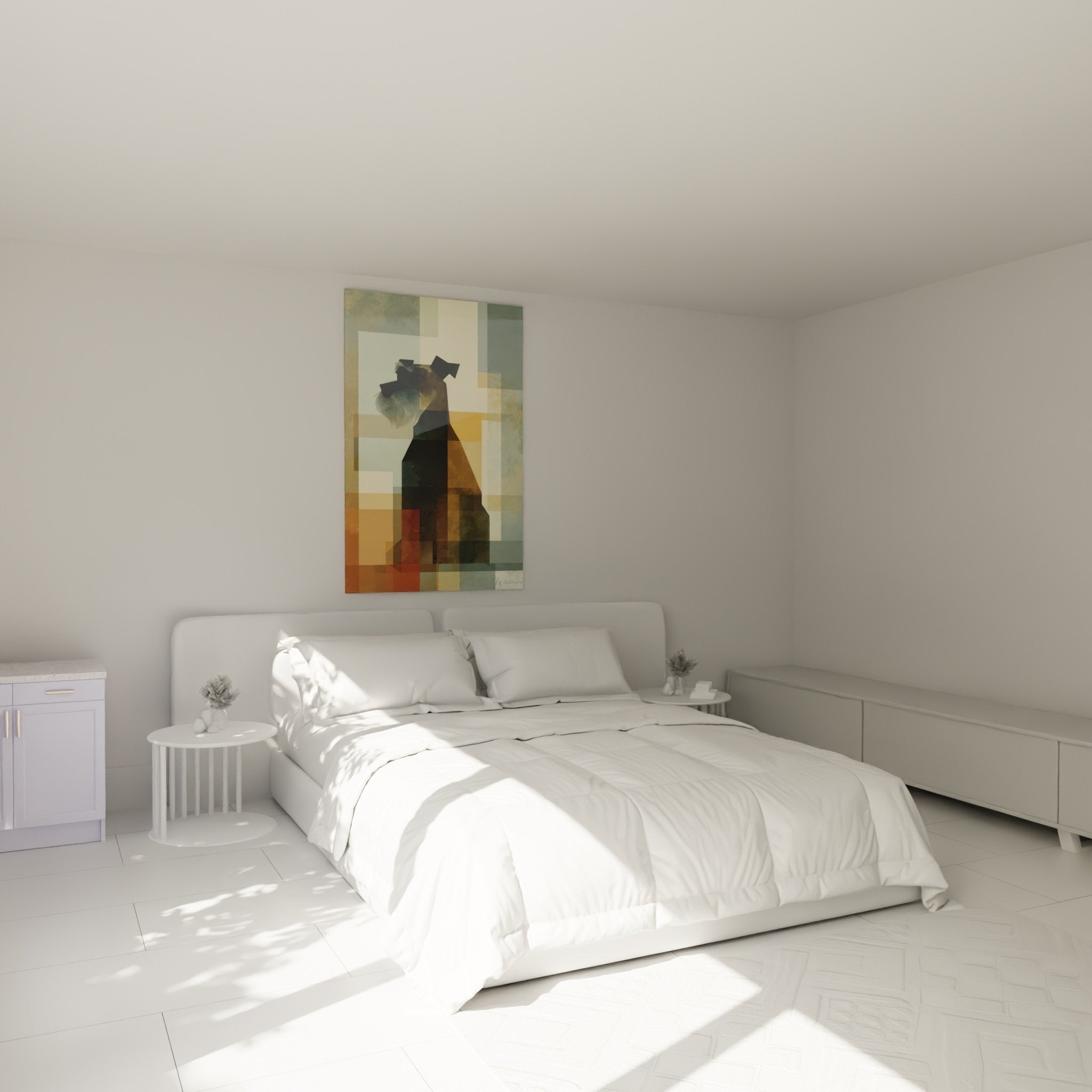 Decoration chambre tableau schnauzer style geometrique abstrait couleurs chaudes ambiance moderne