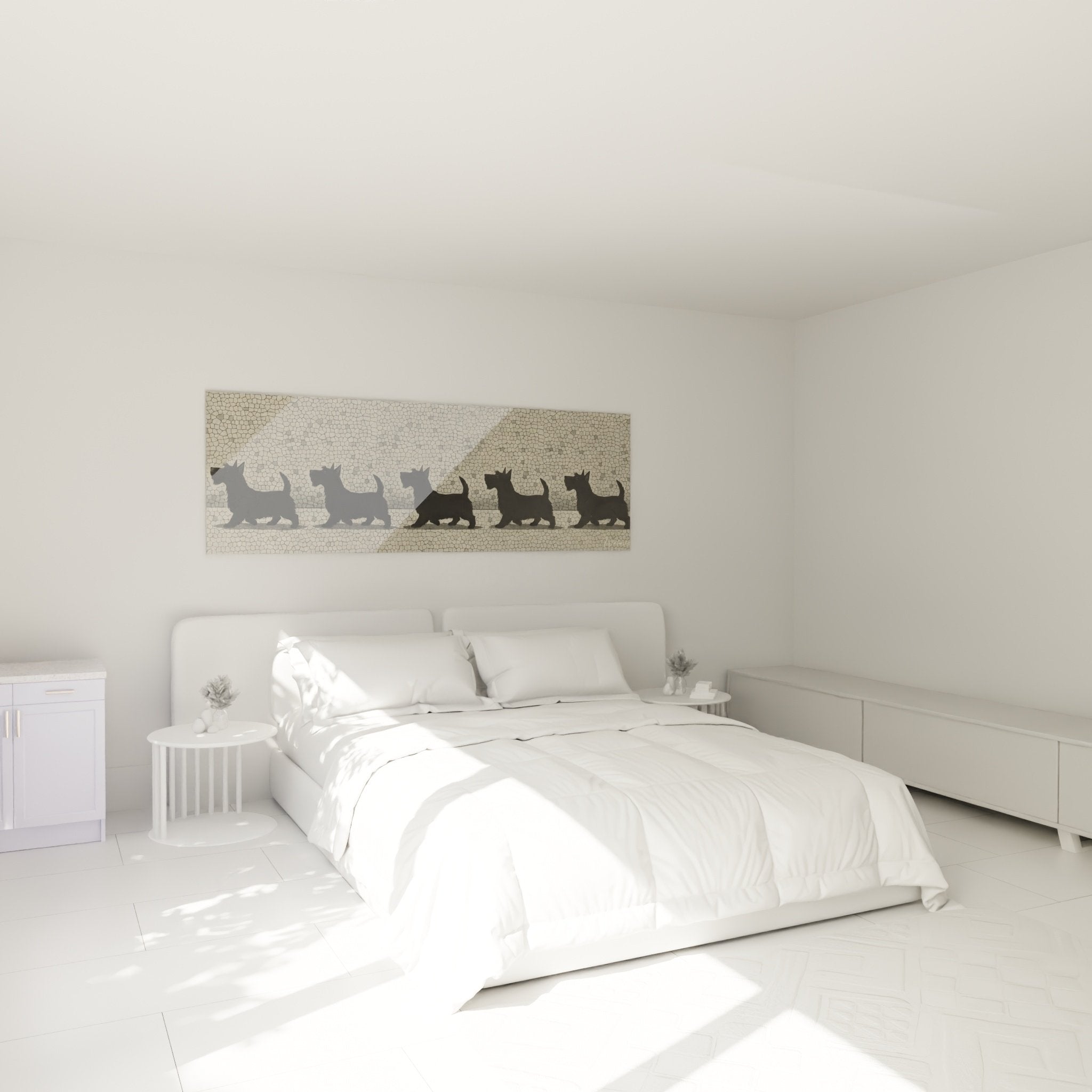 Décoration murale chambre avec tableau silhouettes Scottish Terrier noires sur mosaïque beige crème élégante