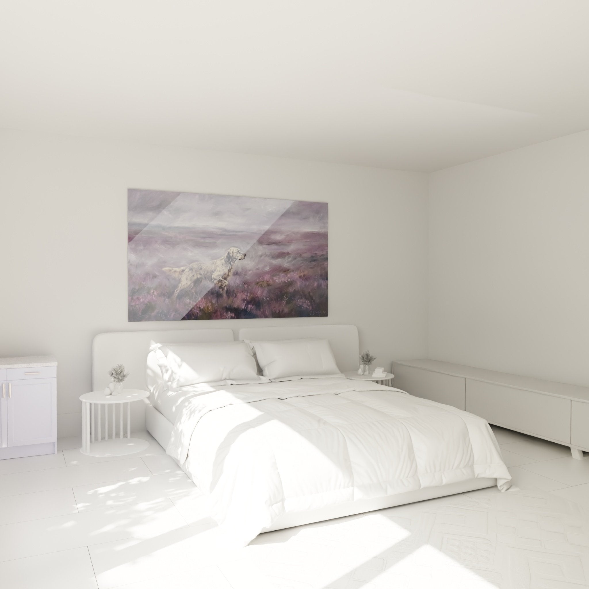 Decoration murale chambre setter anglais bruyeres mauves atmosphere romantique apaisante