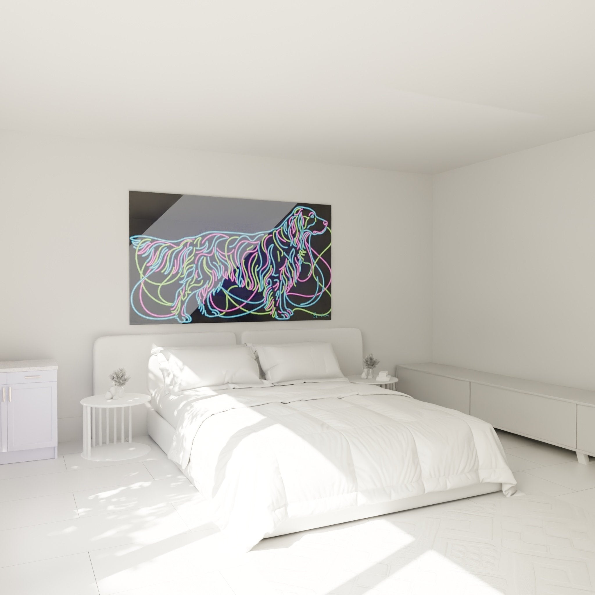 English setter dog neon colored wall art bedroom decor modern contemporary ambiance