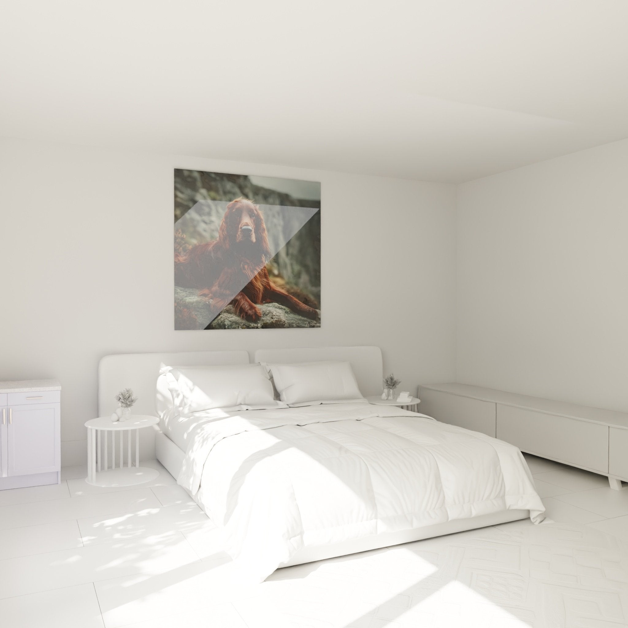 Tableau setter irlandais roux dans chambre moderne, décoration murale chaleureuse, art animalier élégant sur mur beige