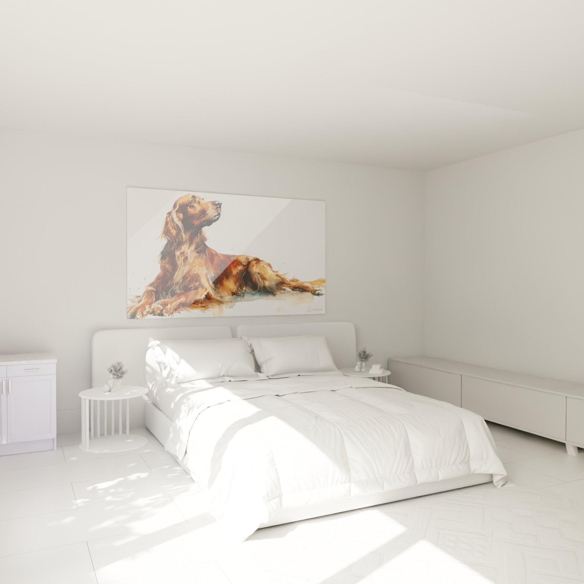 Décoration chambre tableau setter irlandais roux, ambiance chaleureuse mur blanc, art canin élégant