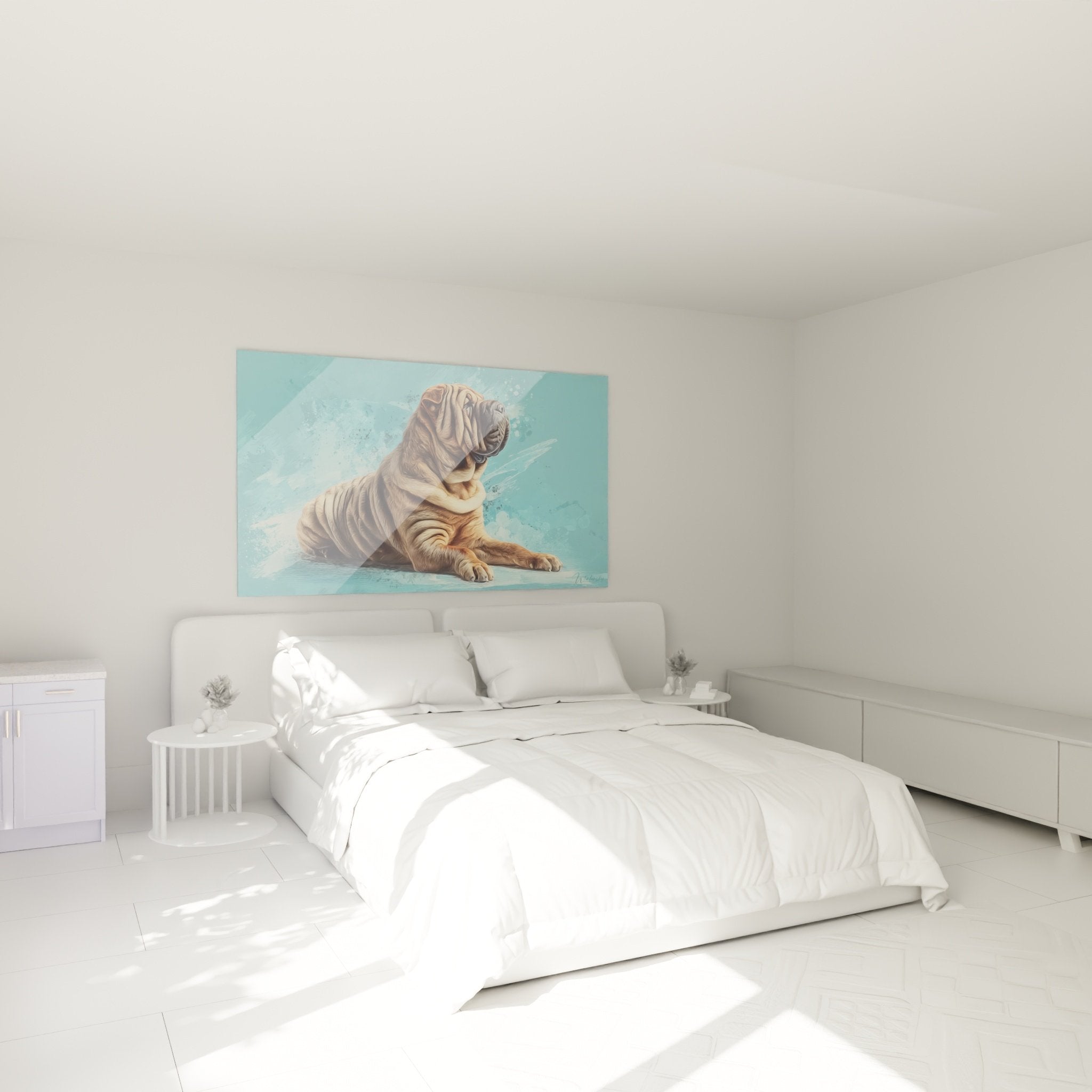 Schlafzimmerdekoration mit goldenem türkis Shar Pei Bild, beruhigende Zen-Wandkunst