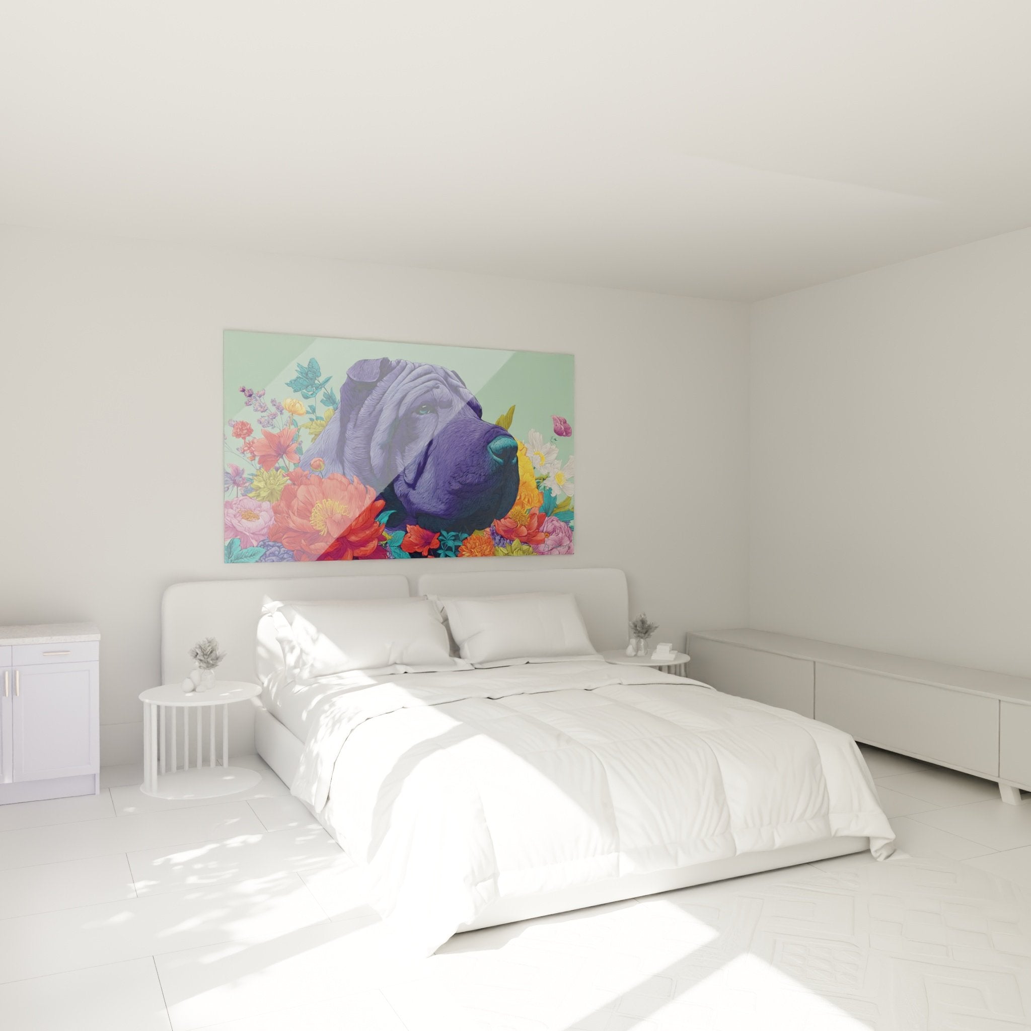 Shar Pei Gemälde lila Blüten mehrfarbig modernes Schlafzimmer beige Wand elegante Atmosphäre