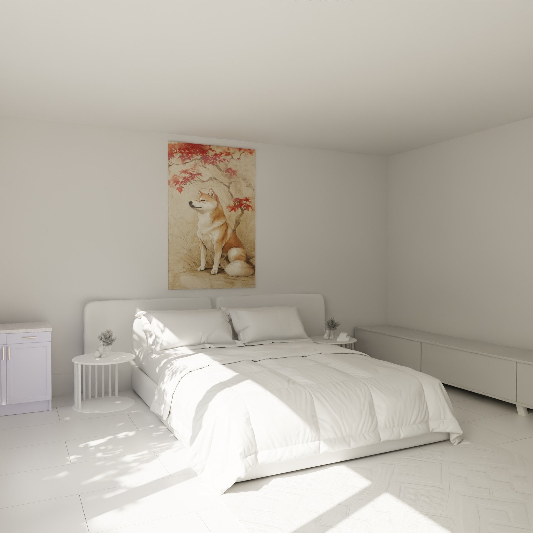 Autumn Shiba Inu wall art in a soft, zen-toned bedroom