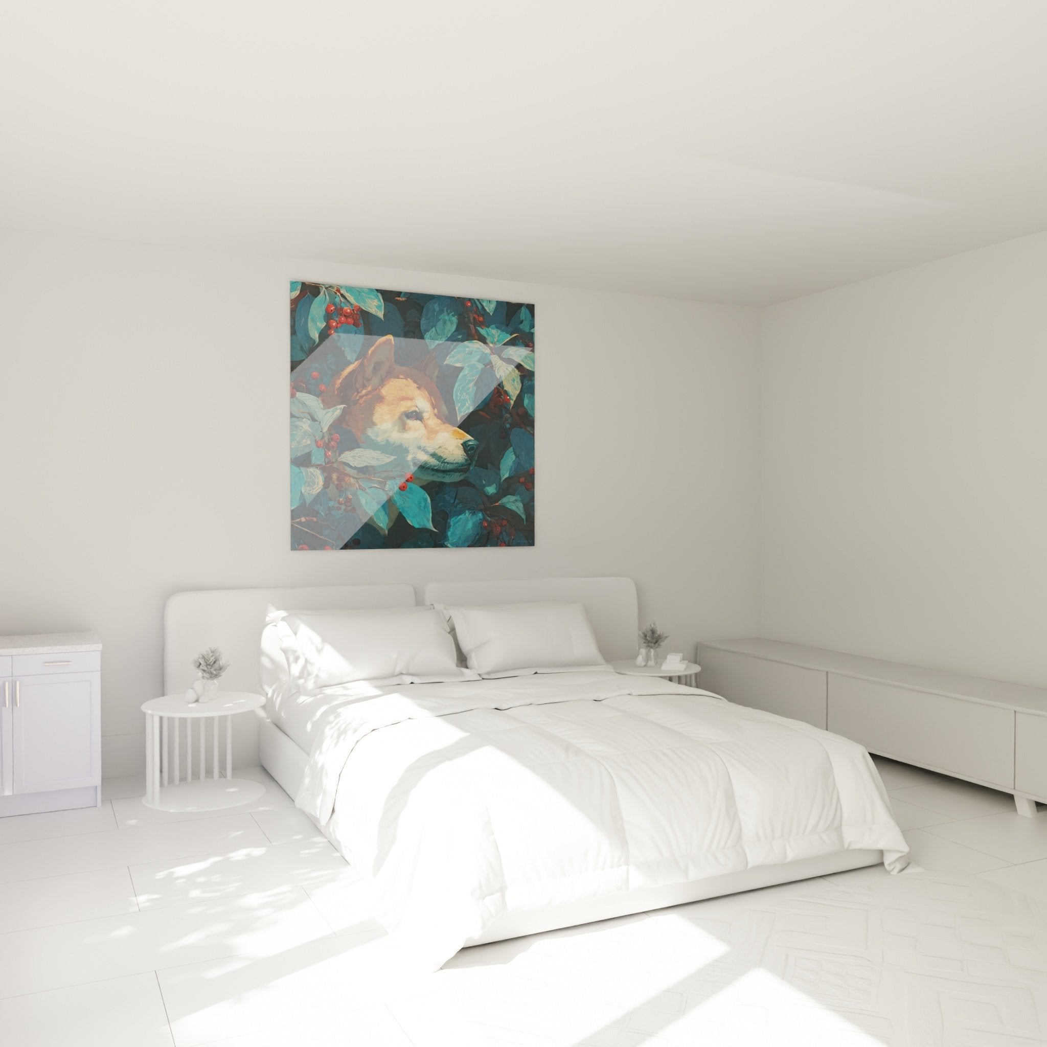 Bedroom decoration with Shiba Inu artwork in blue-toned vegetation, natural and calming atmosphere