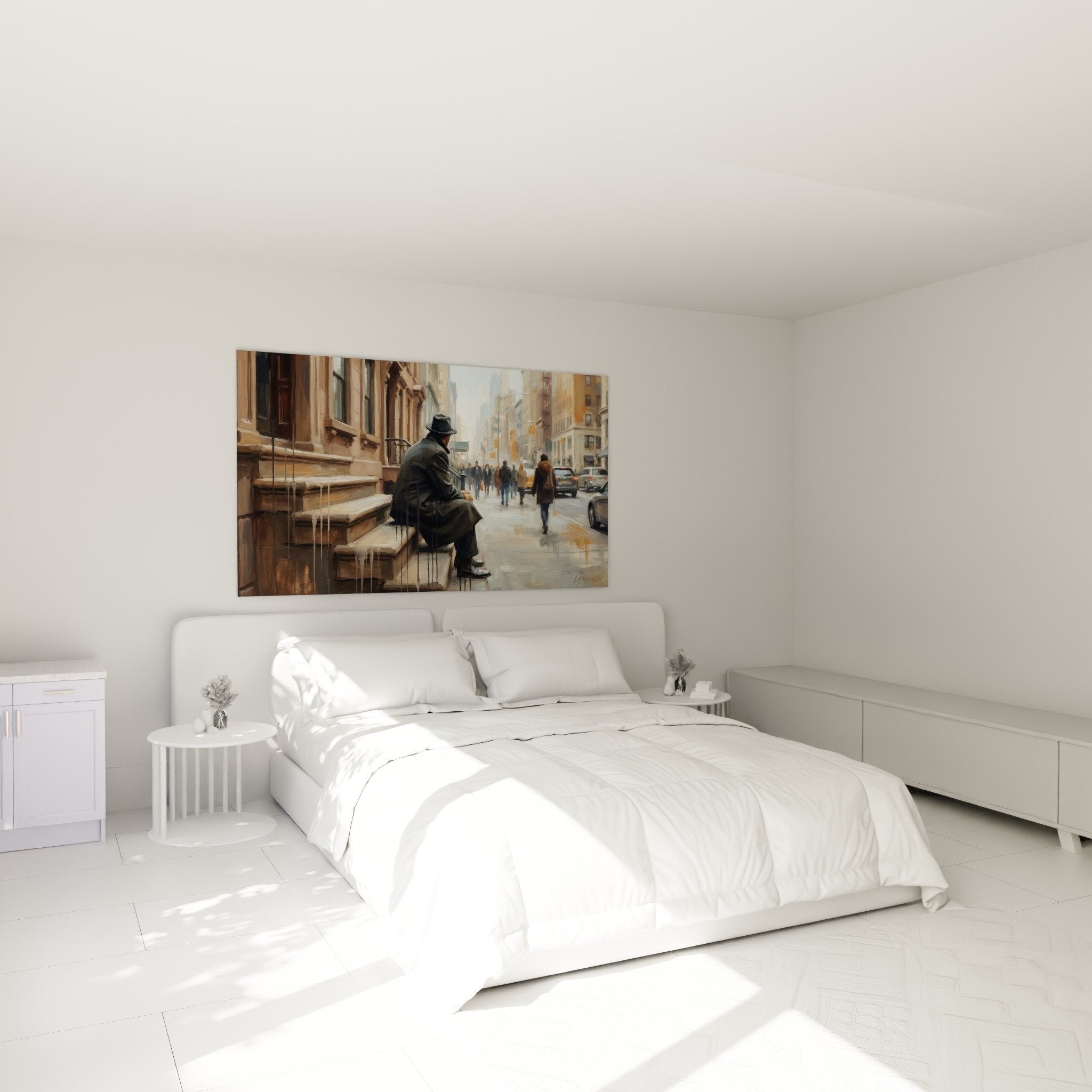 Decoration murale chambre solitude urbaine homme contemplation marches tons beiges ocre Le Bronx