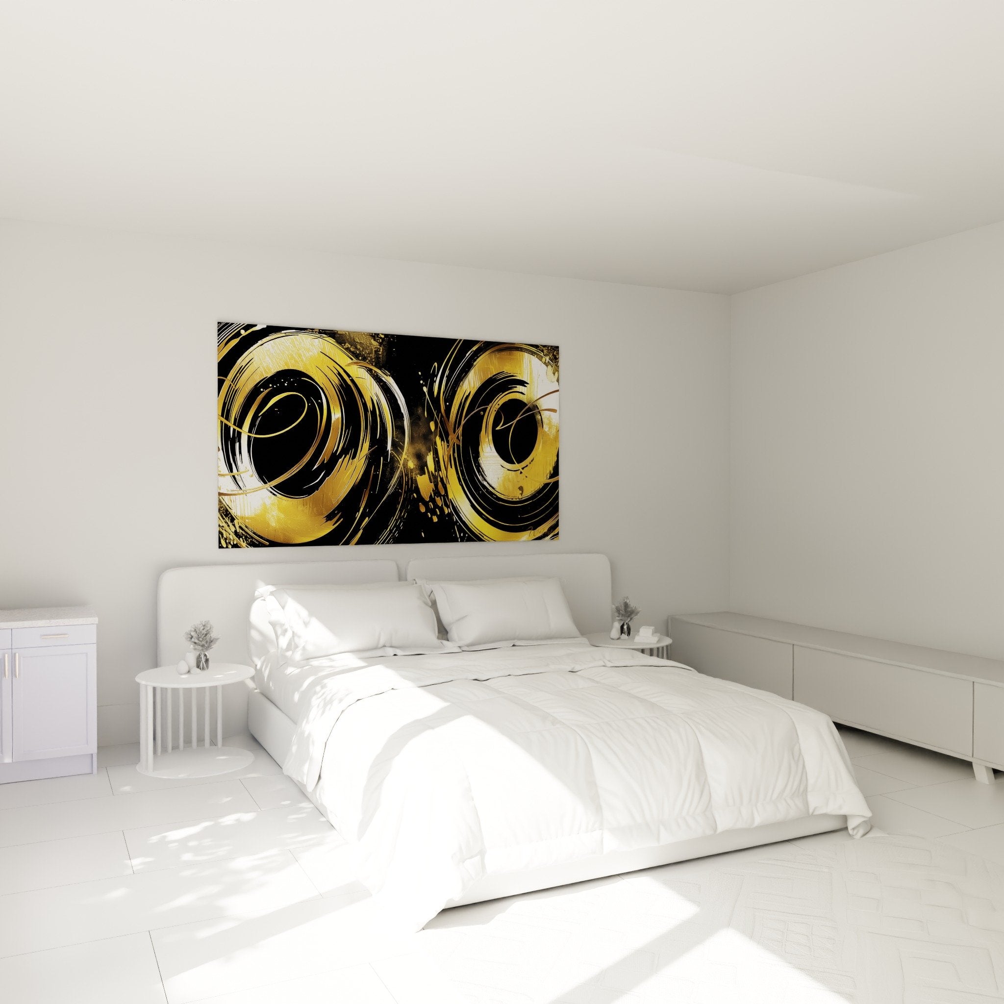 decoration chambre tableau spirales dorees fond noir art abstrait moderne ambiance sophistiquee