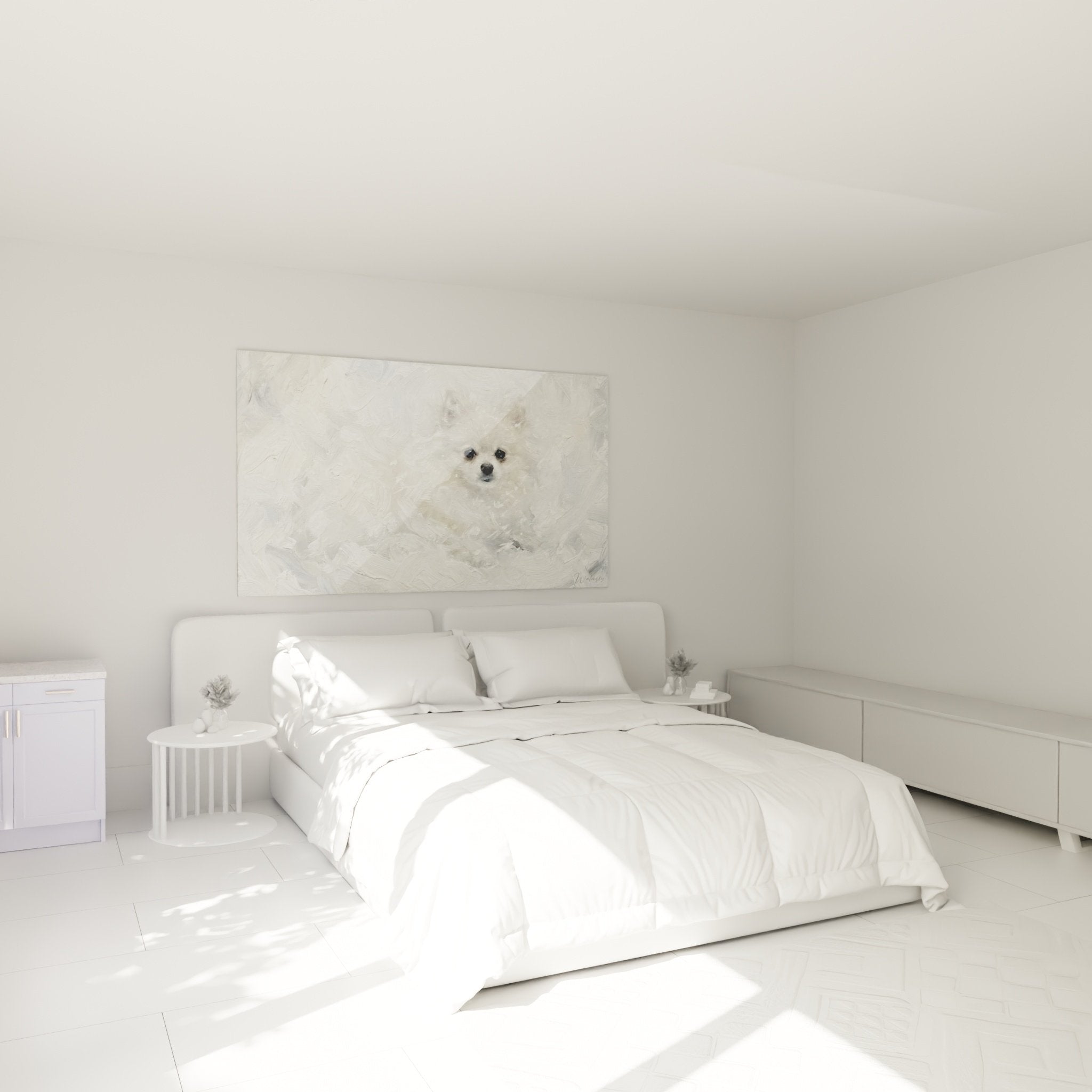 Déco chambre avec tableau Spitz blanc, ambiance cocooning et douce pour intérieur apaisant