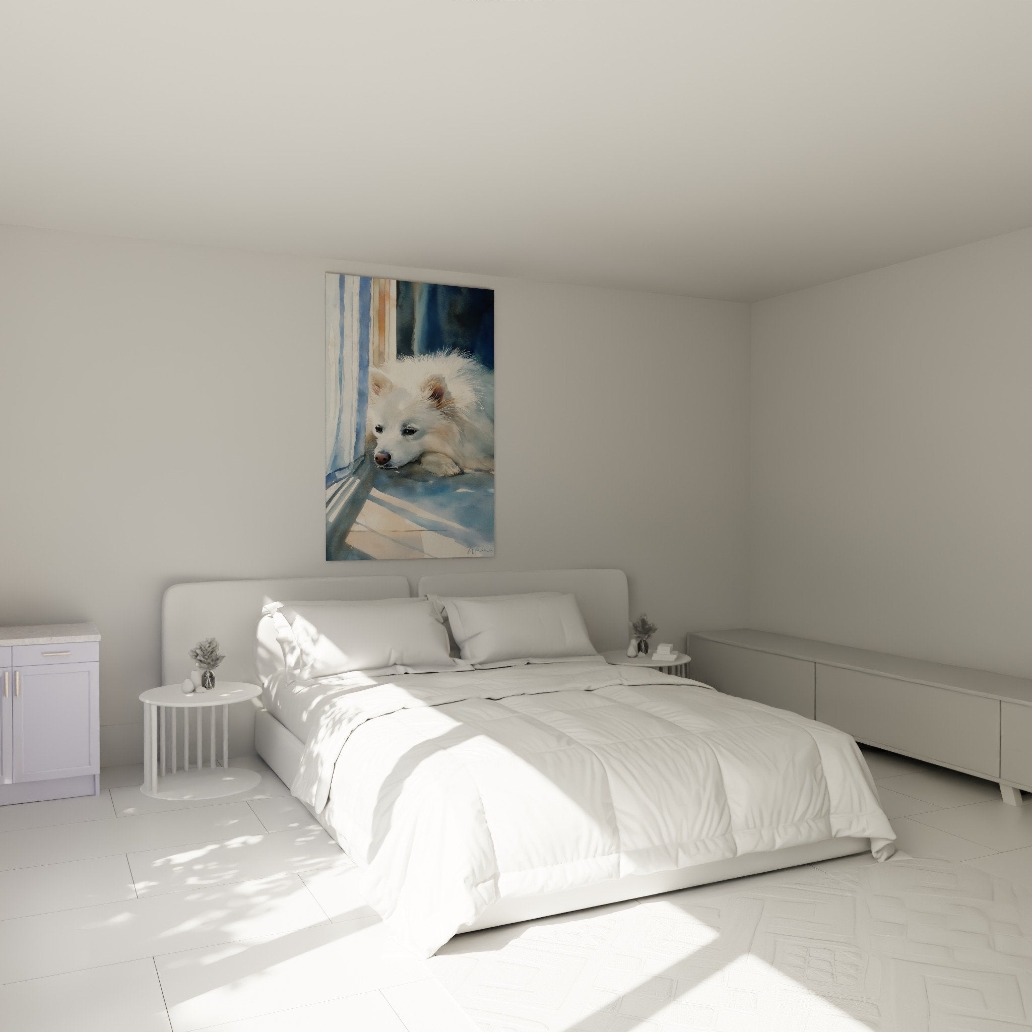 Deco chambre tableau Spitz Japonais aquarelle bleue ambiance apaisante art mural chien blanc