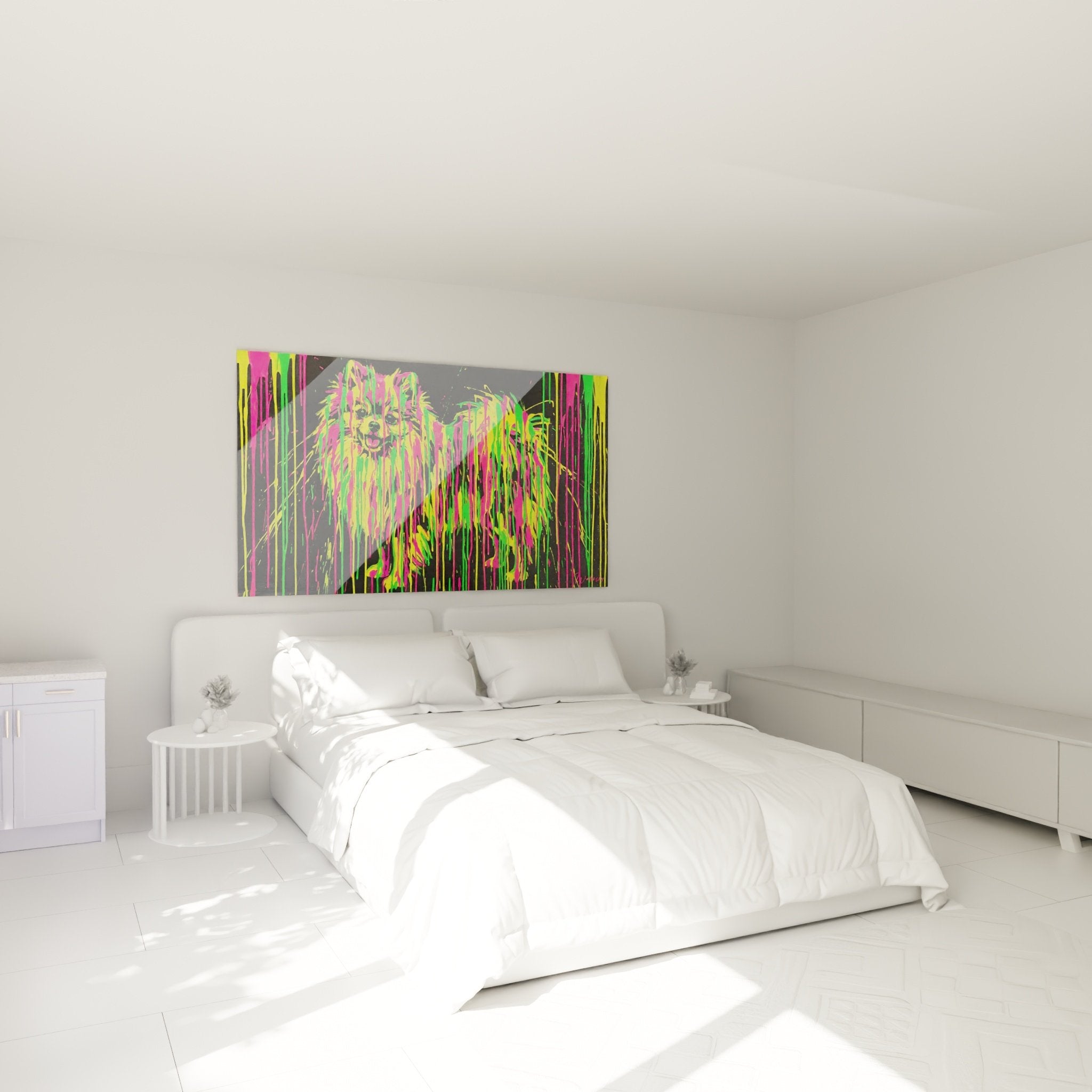 Schlafzimmer Dekoration Gemälde Spitz Pomeranian mehrfarbig fluoreszierende Läufe weiße Wand modern