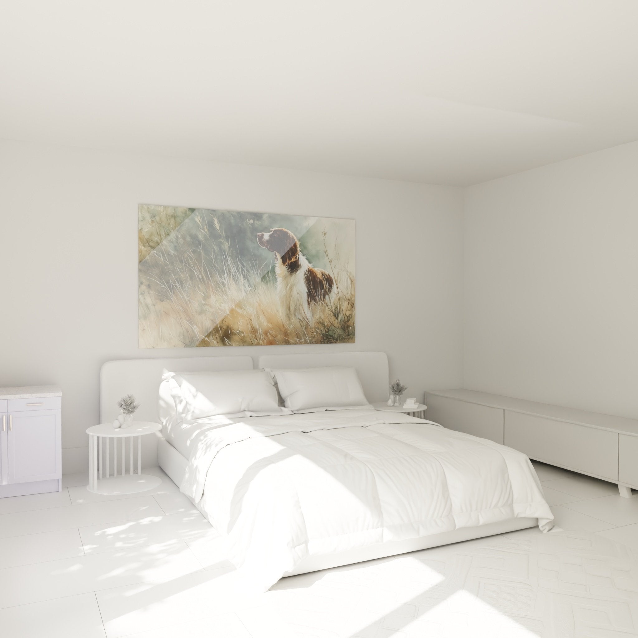 Decoration chambre tableau chien Springer Anglais tons dores ambiance naturelle chaleureuse