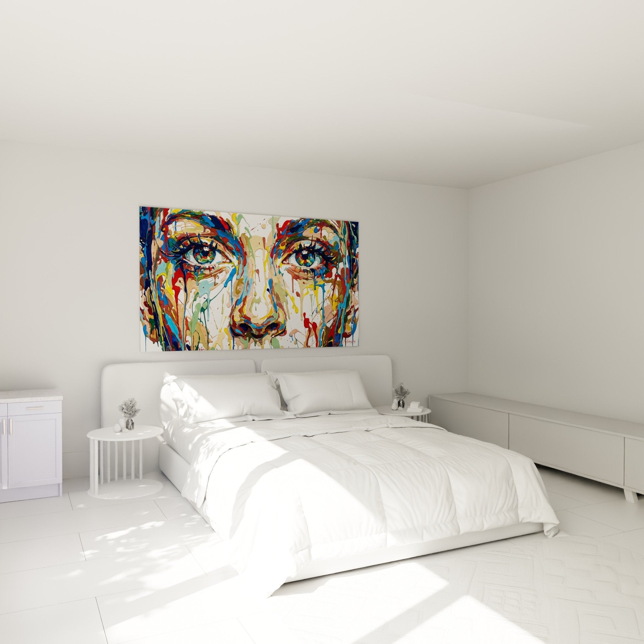 modern bedroom decor street art portrait colorful face multicolored drips contemporary artistic urban atmosphere
