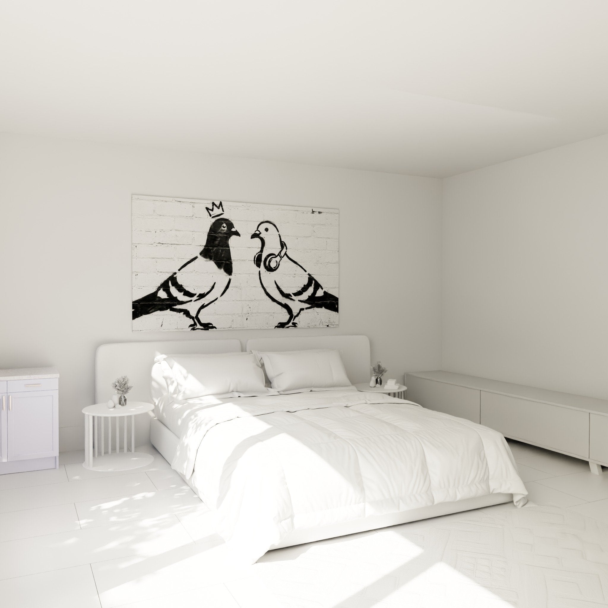 Decoration murale pigeons street art chambre moderne noir blanc urbain
