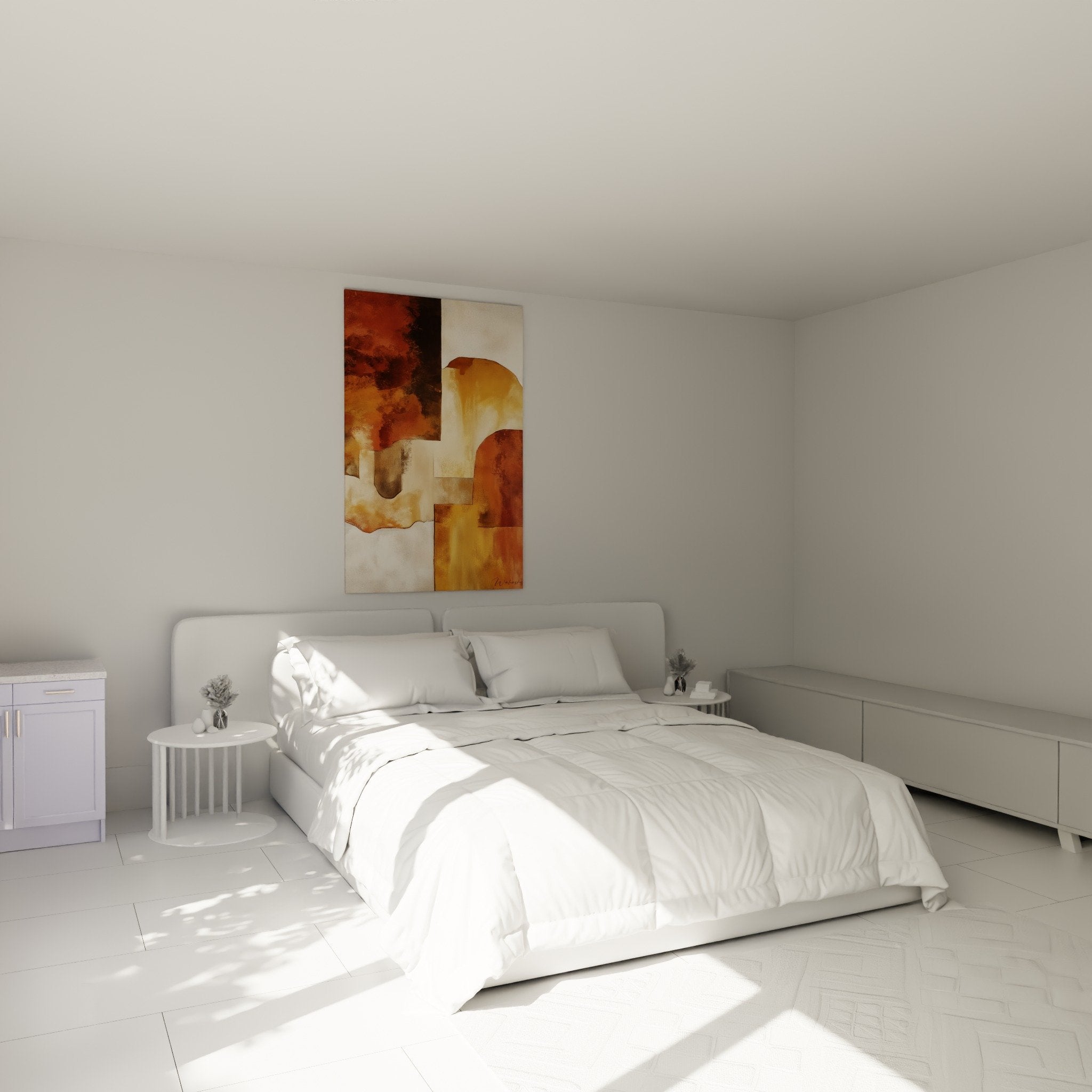 Tableau africain abstrait ocre installé chambre mur blanc, décoration moderne ethnique chic harmonieuse