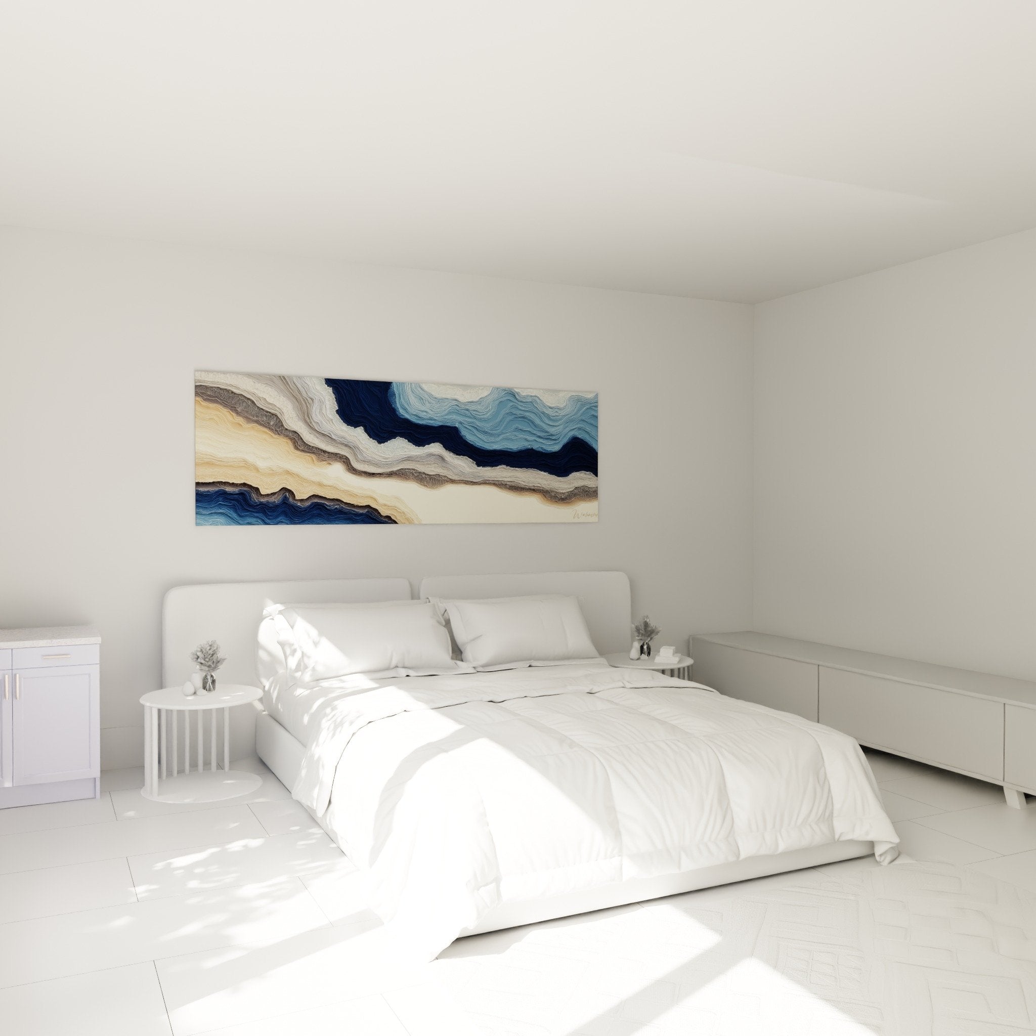 Décoration chambre avec tableau abstrait bleu et crème aux motifs de vagues fluides apaisantes