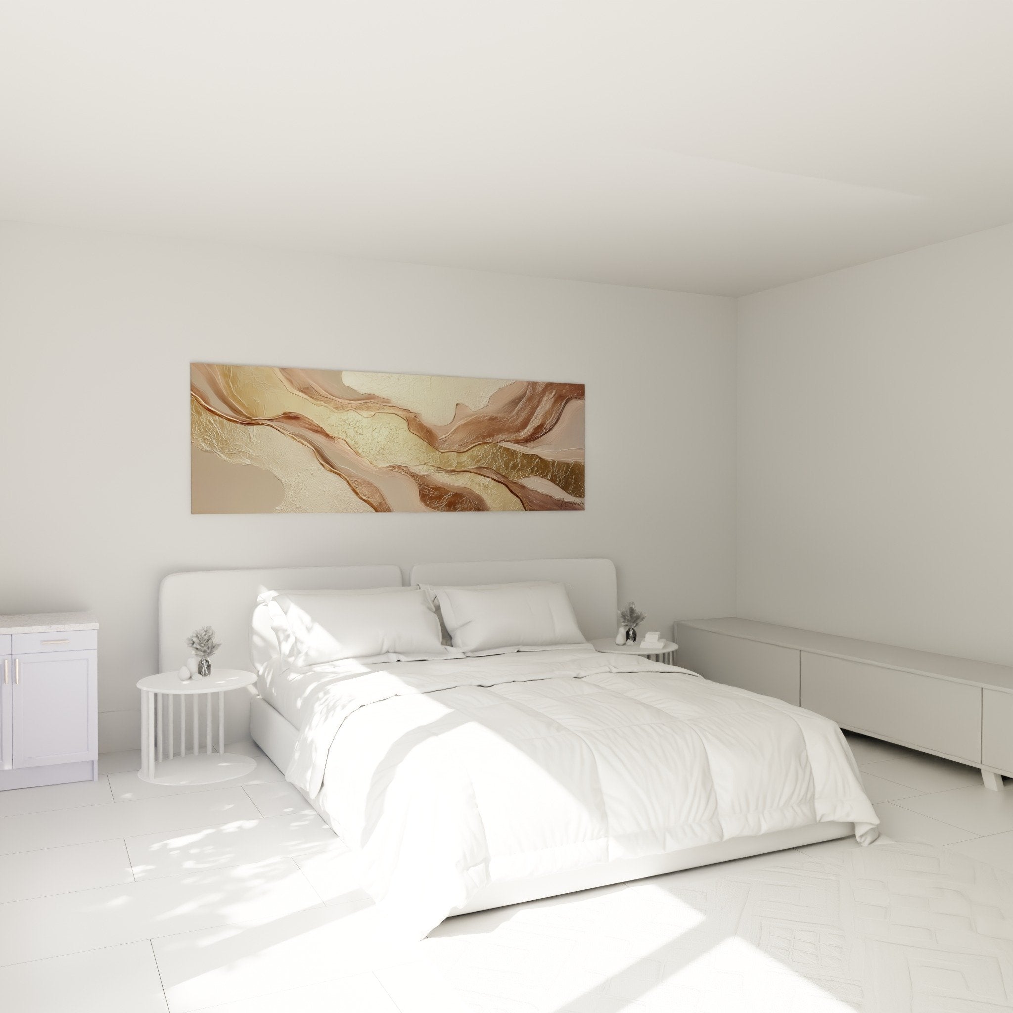 Décoration chambre avec tableau abstrait doré et cuivré aux ondulations apaisantes