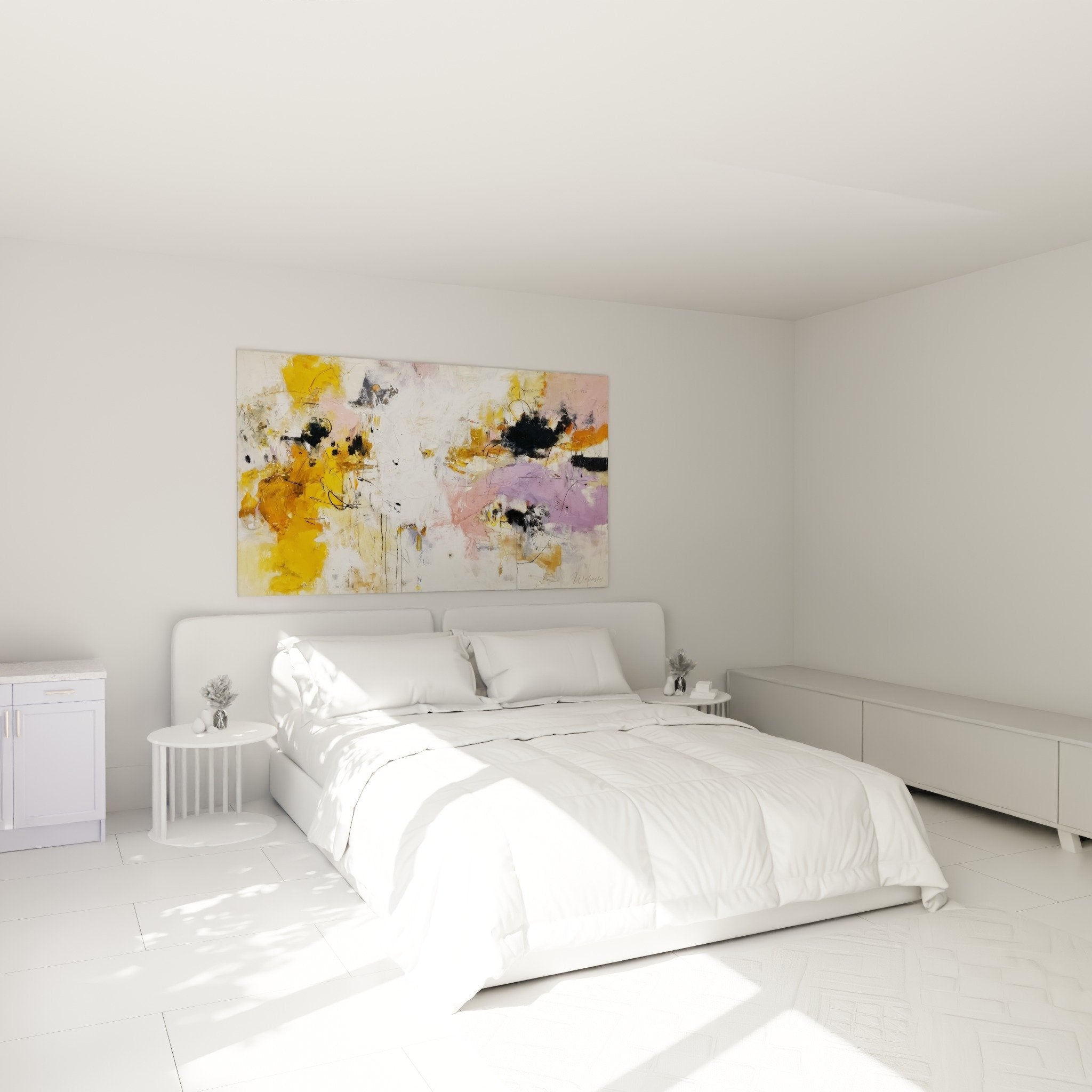 Tableau abstrait dore rose violet decore chambre moderne ambiance feng shui sud-est bois
