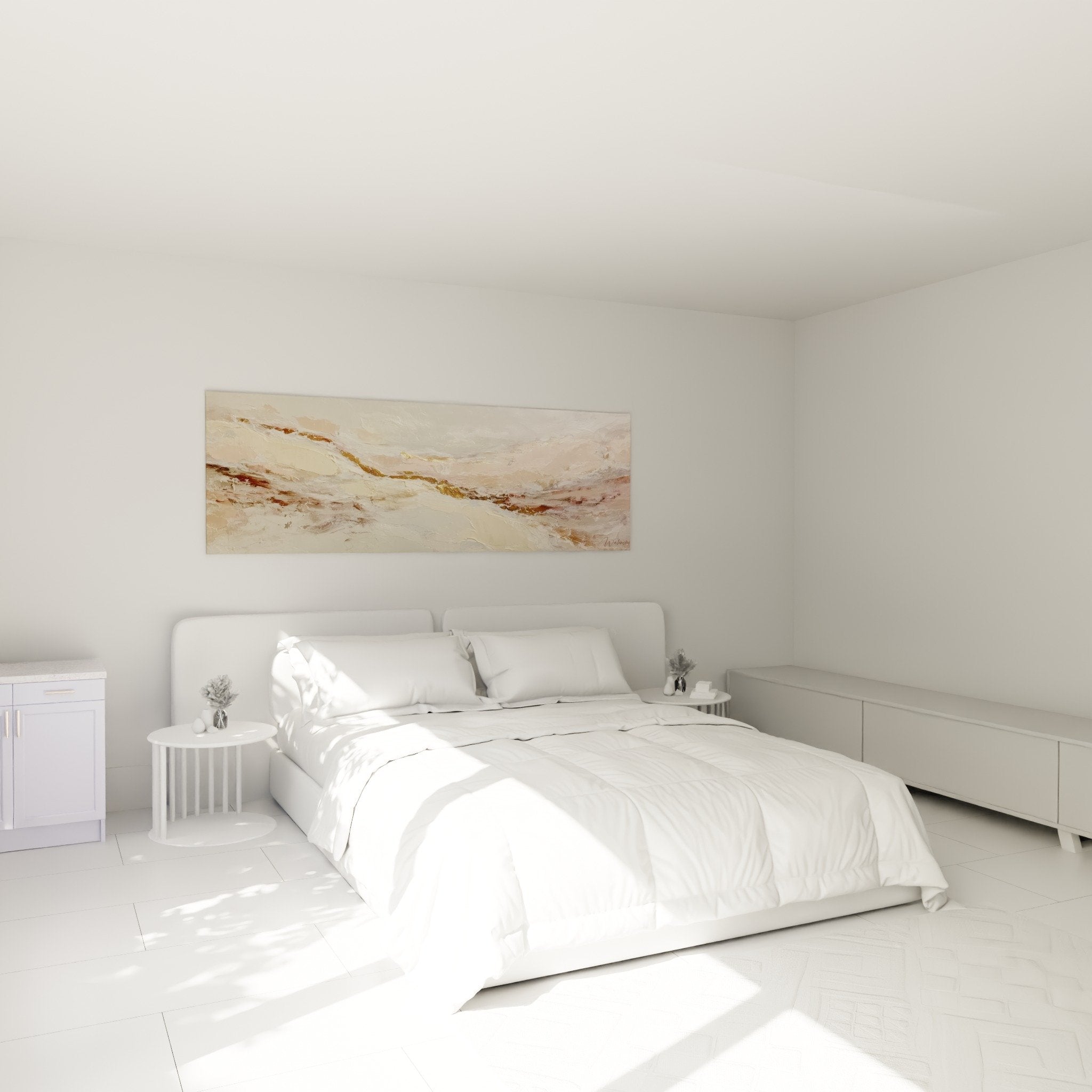Deco chambre tableau abstrait tons beiges roses dores feng shui centre terre au dessus lit