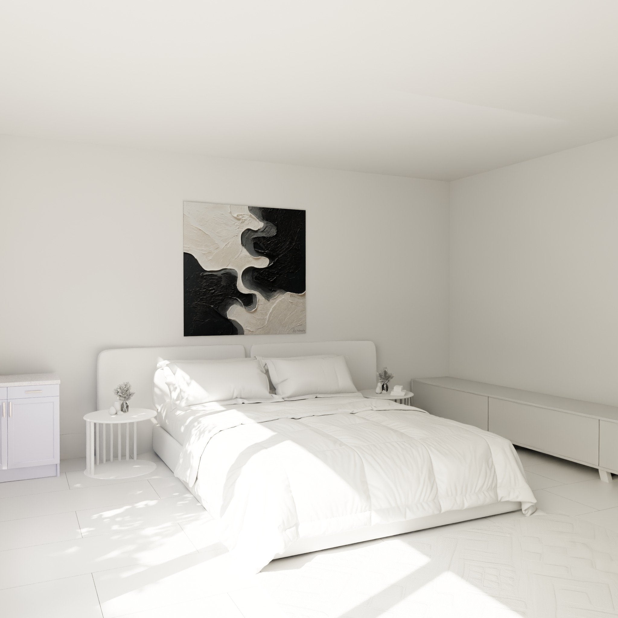 Decoration murale abstraite noir blanc dans chambre moderne feng shui nord-ouest metal