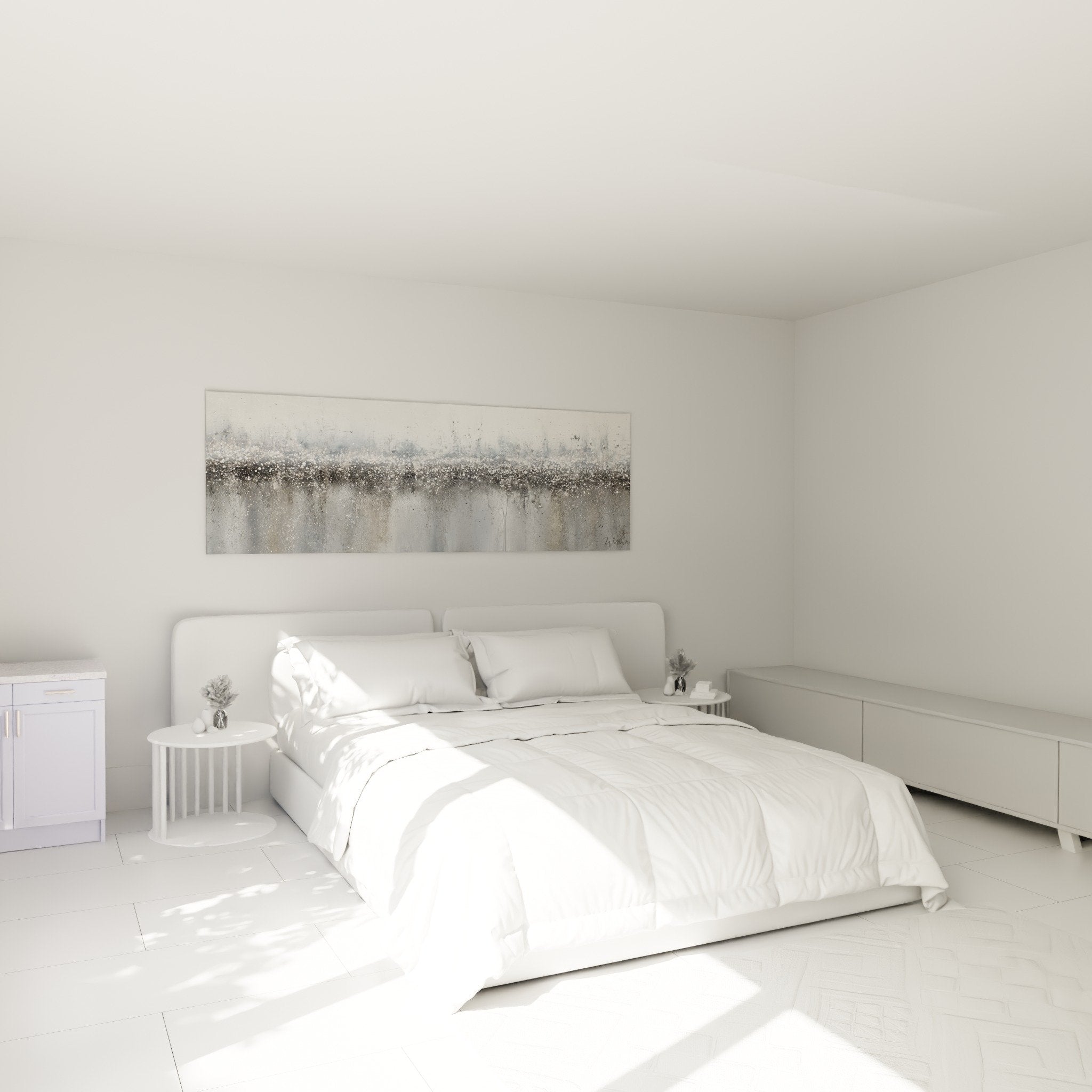 Décoration chambre avec tableau abstrait gris doré, ambiance zen et apaisante, feng shui ouest métal